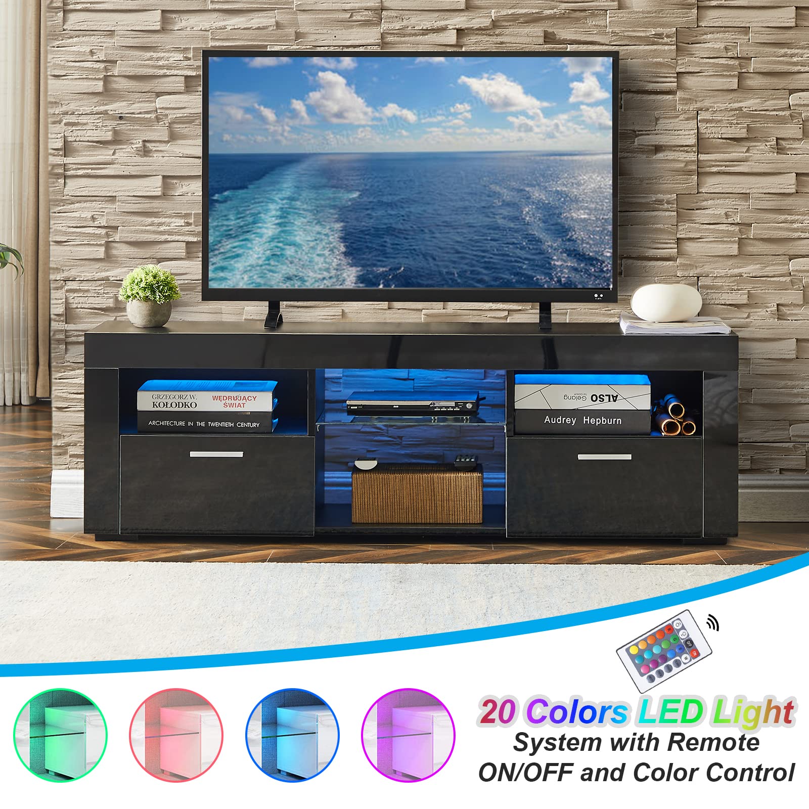 16 Color Changing LED TV Stand with Storage Cabinet - High Glossy Finish Entertainment Center for Living Room (51
