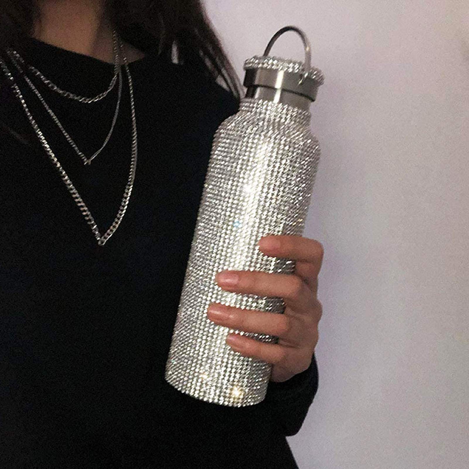 Stylish Rhinestone Stainless Steel Water Bottle 350ml - Double Walled Vacuum Insulated Travel Mug with Lid - Leakproof & Portable for Gym, Office, Hiking - Silver Diamond Design