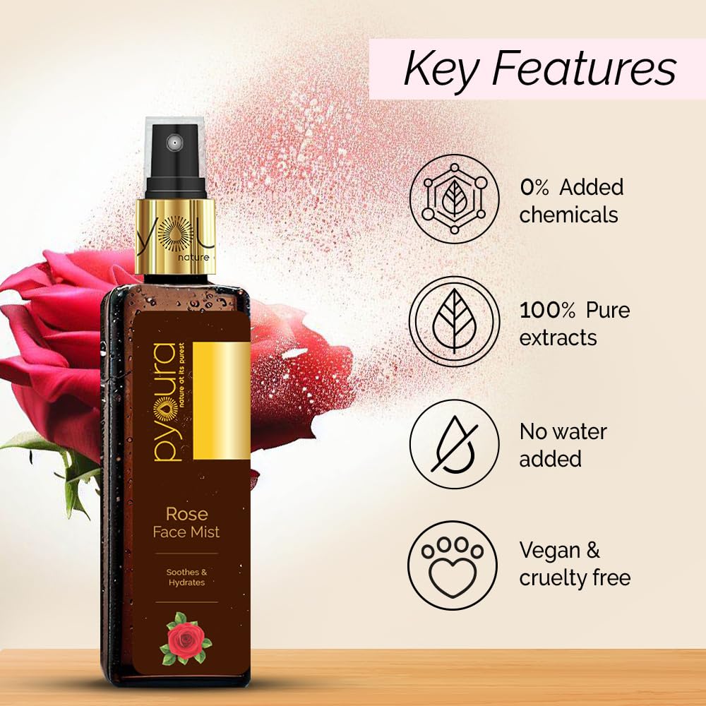 PYOURA 100% Organic Rose Water Face Mist - 100ml Hydrating Toner for Dry Skin, Glowing Complexion & Pore Tightening | Unisex Facial Spray for Women & Men | Perfect for Daily Skincare, Post-Workout Refresh & Makeup Setting