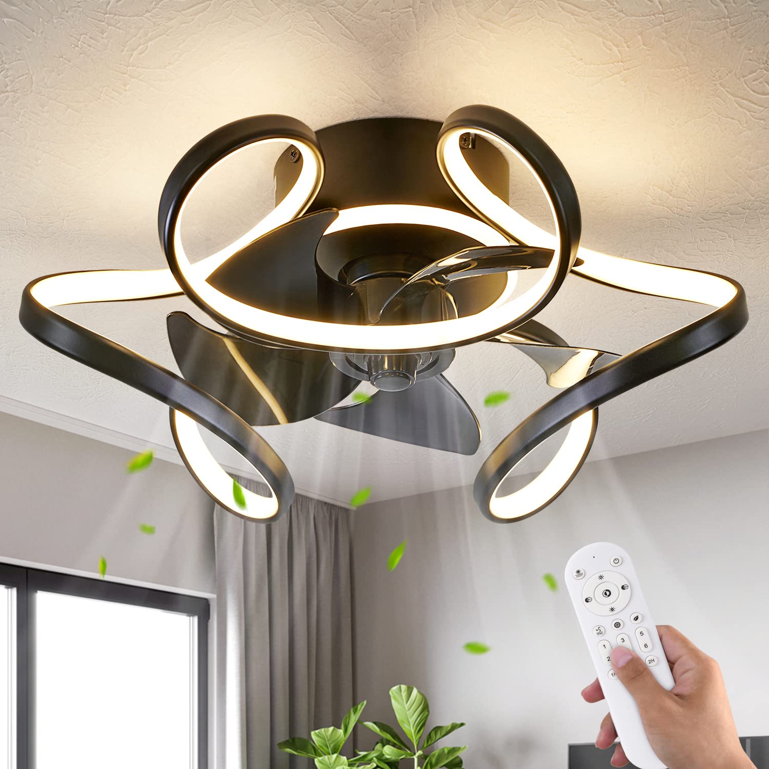 Bladeless Ceiling Fan with Light & Remote Control - 6 Speeds, 3 Color Modes, Low Profile Flush Mount Design in Black - Perfect for Kitchen, Bedroom, Living Room & Office Spaces