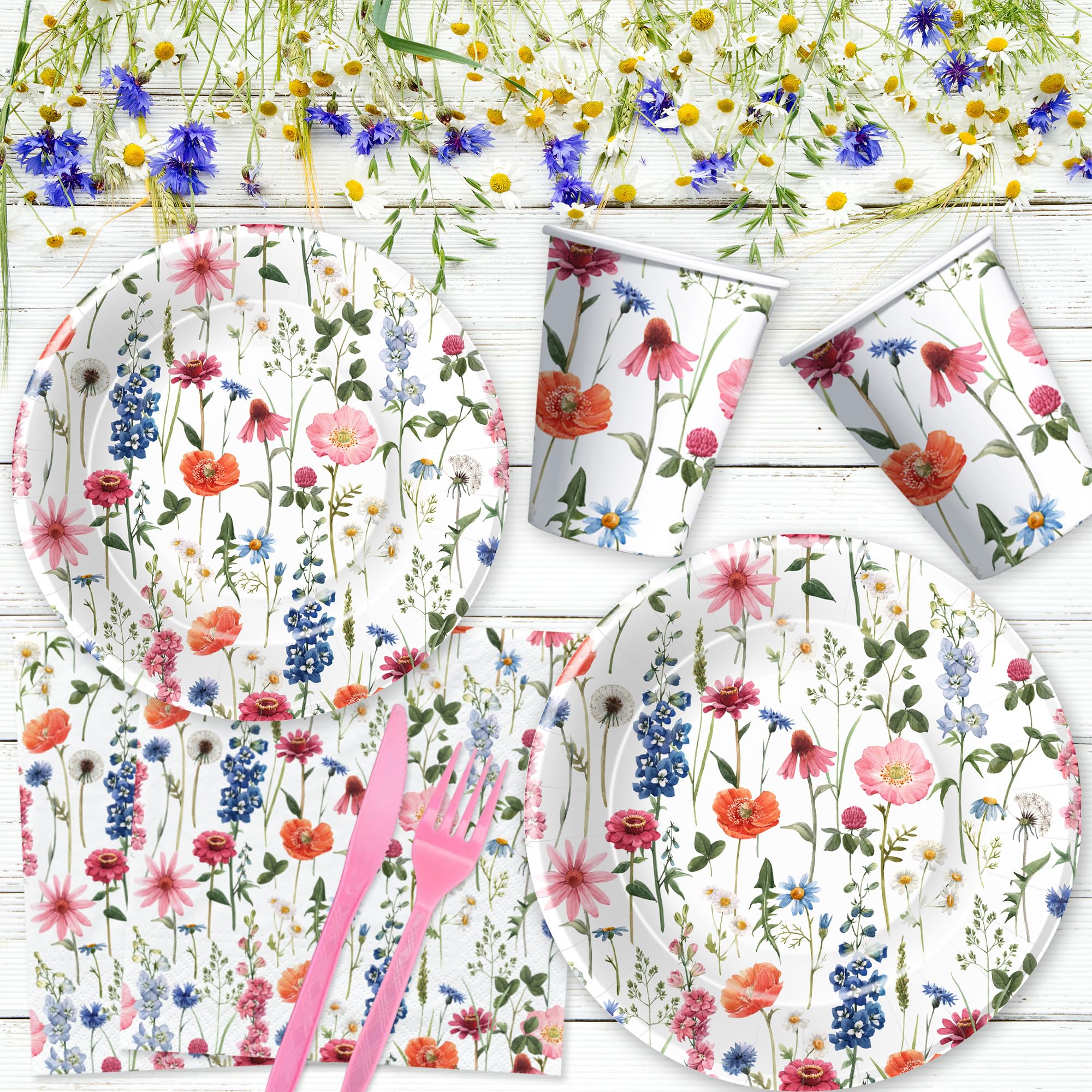 Floral Party Decorations Tableware Set - Wildflower Themed Plates, Cups, Napkins, Tablecloth & Cutlery for Spring & Summer Events | 24-Piece Serving Set for Birthday Parties, Baby Showers & Tea Parties