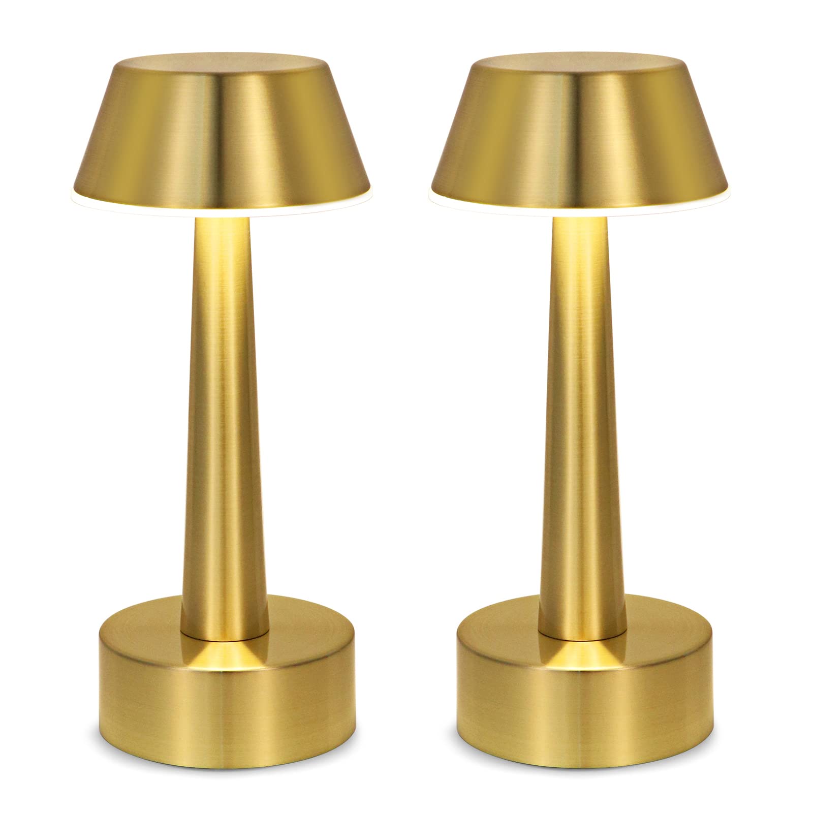 UMEXUS 2 Pack Rechargeable Cordless LED Table Lamp - 3 Color Dimmable Touch Control, Portable Night Light for Bedroom, Nightstand, Desk, Bar, Restaurant & Outdoor Use (Gold) - Battery Operated Metal Small Lamp for Home Decor and Ambient Lighting