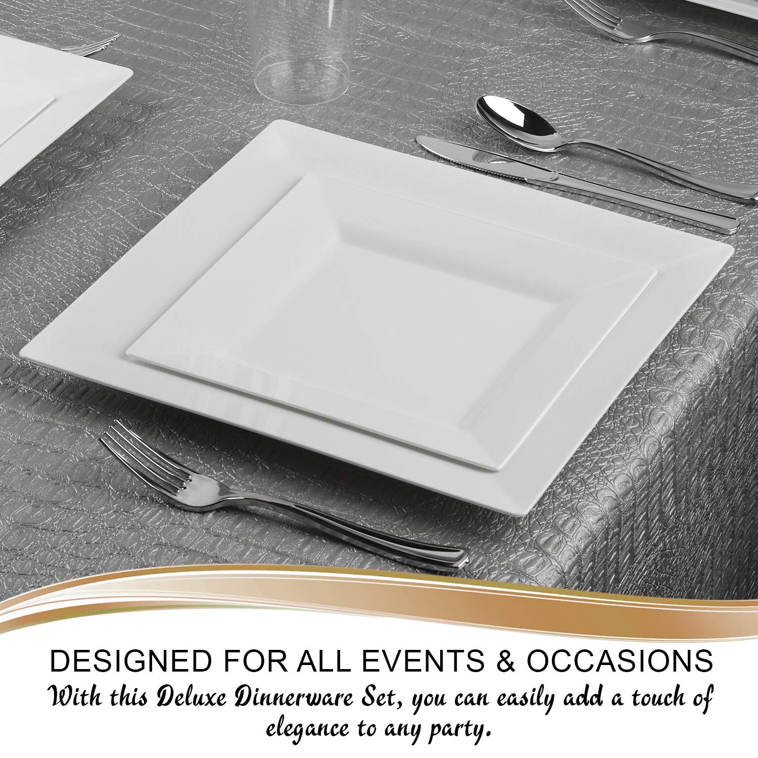 Eco-Friendly Disposable Plastic Dinnerware Set for 60 Guests - Elegant Square White Plates, Salad/Dessert Plates, Silverware Cutlery & Cups | Perfect for Weddings, Birthday Parties, Catering & Outdoor Events
