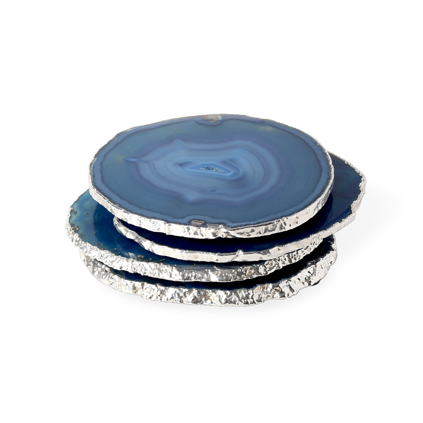 Premium Blue and Silver Agate Stone Coasters Set of 4 - Natural Stone Drink Coasters for Home, Office, or Party - Perfect for Protecting Tables from Water Rings and Stains