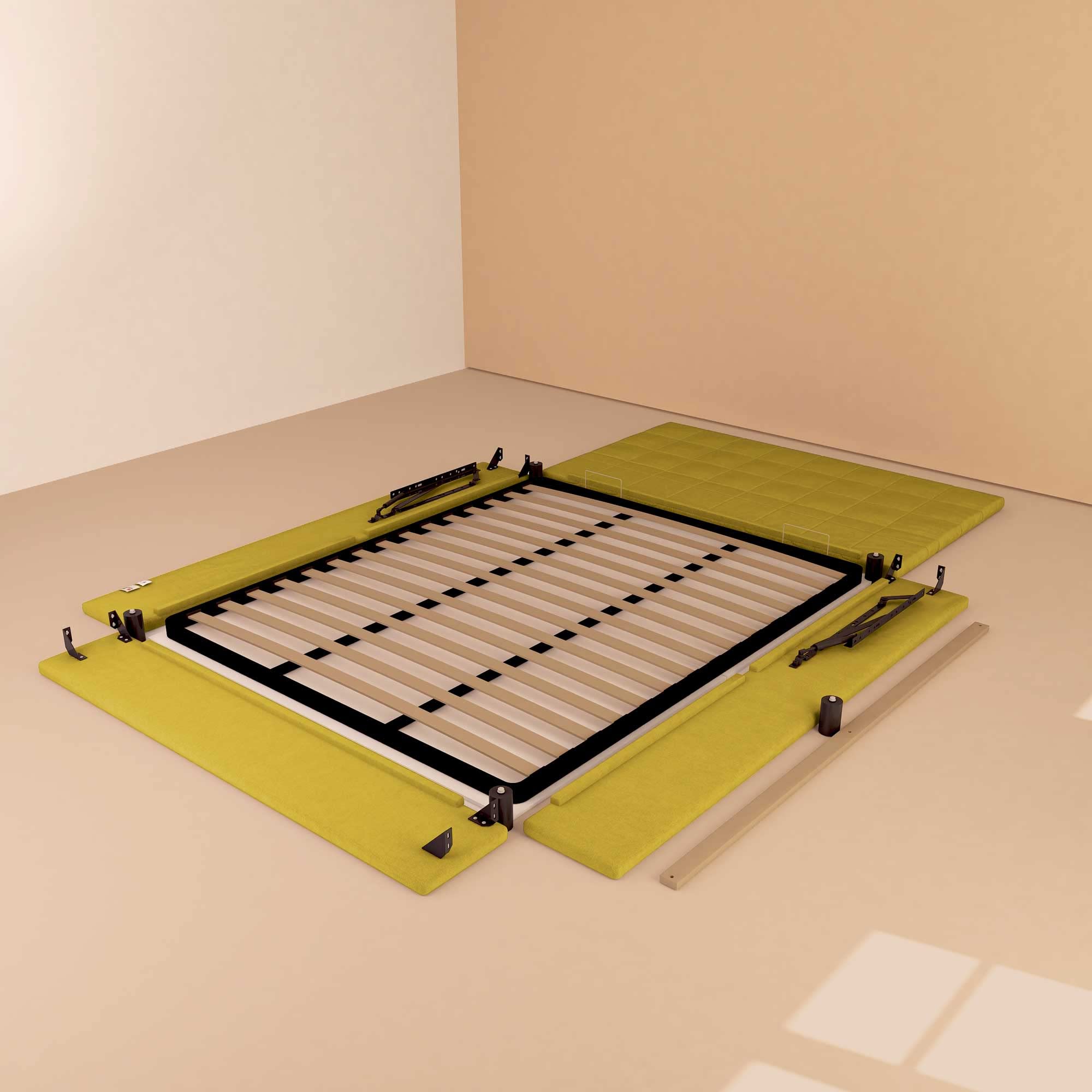 Baldiflex Double Bed Frame with Storage, Dublin Fabric Model, Slatted Base for Single Mattresses, 160 x 190 cm, Elegant Mustard Headboard - Perfect for Small Bedrooms & Guest Rooms