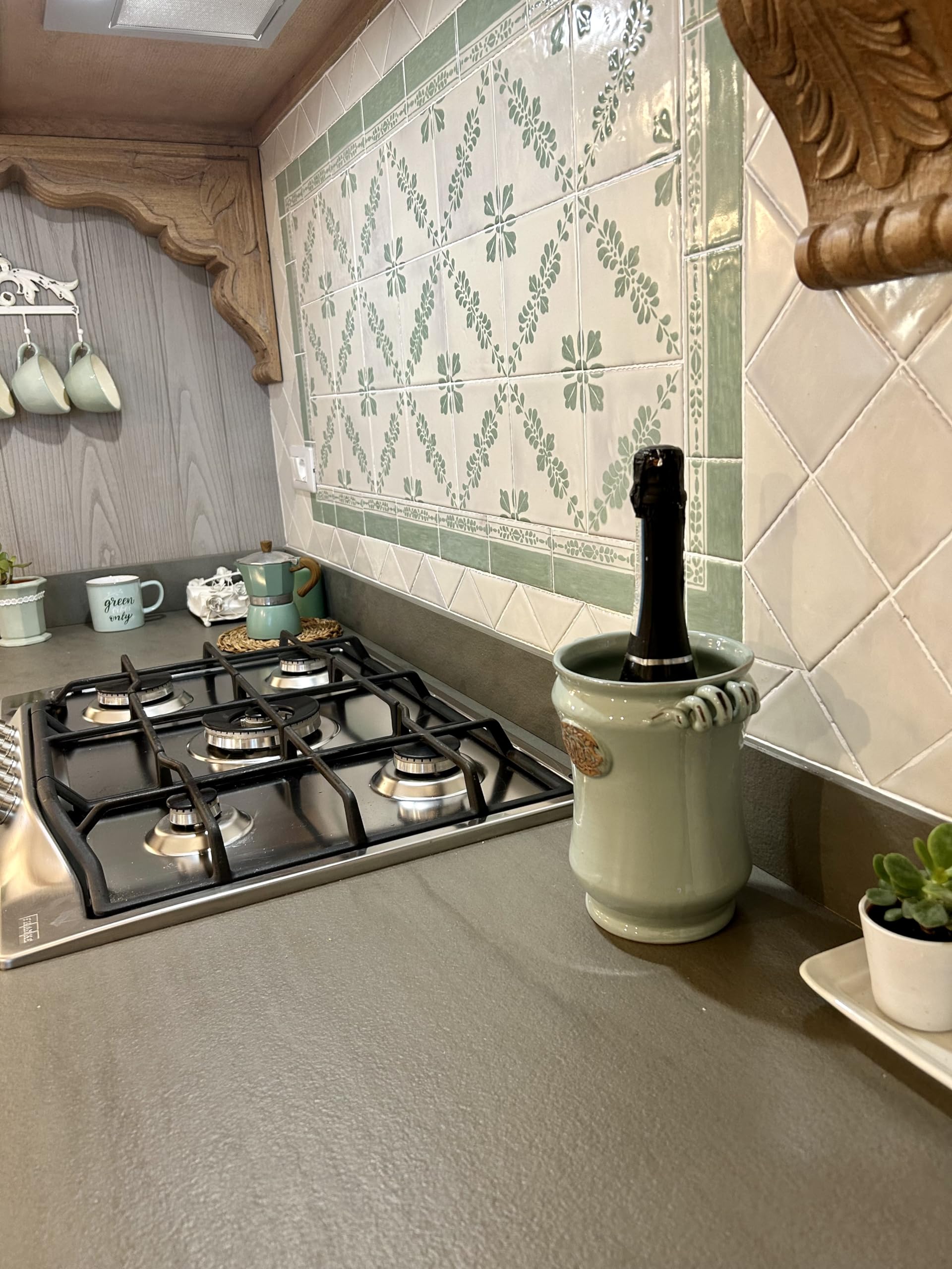 Hand-Painted Italian Ceramic Utensil Holder & Wine Bottle - Rustic Tuscan Art Pottery with Sage Green Decorated Pattern - Made in Italy - Perfect for Kitchen Organization & Tuscan Home Decor