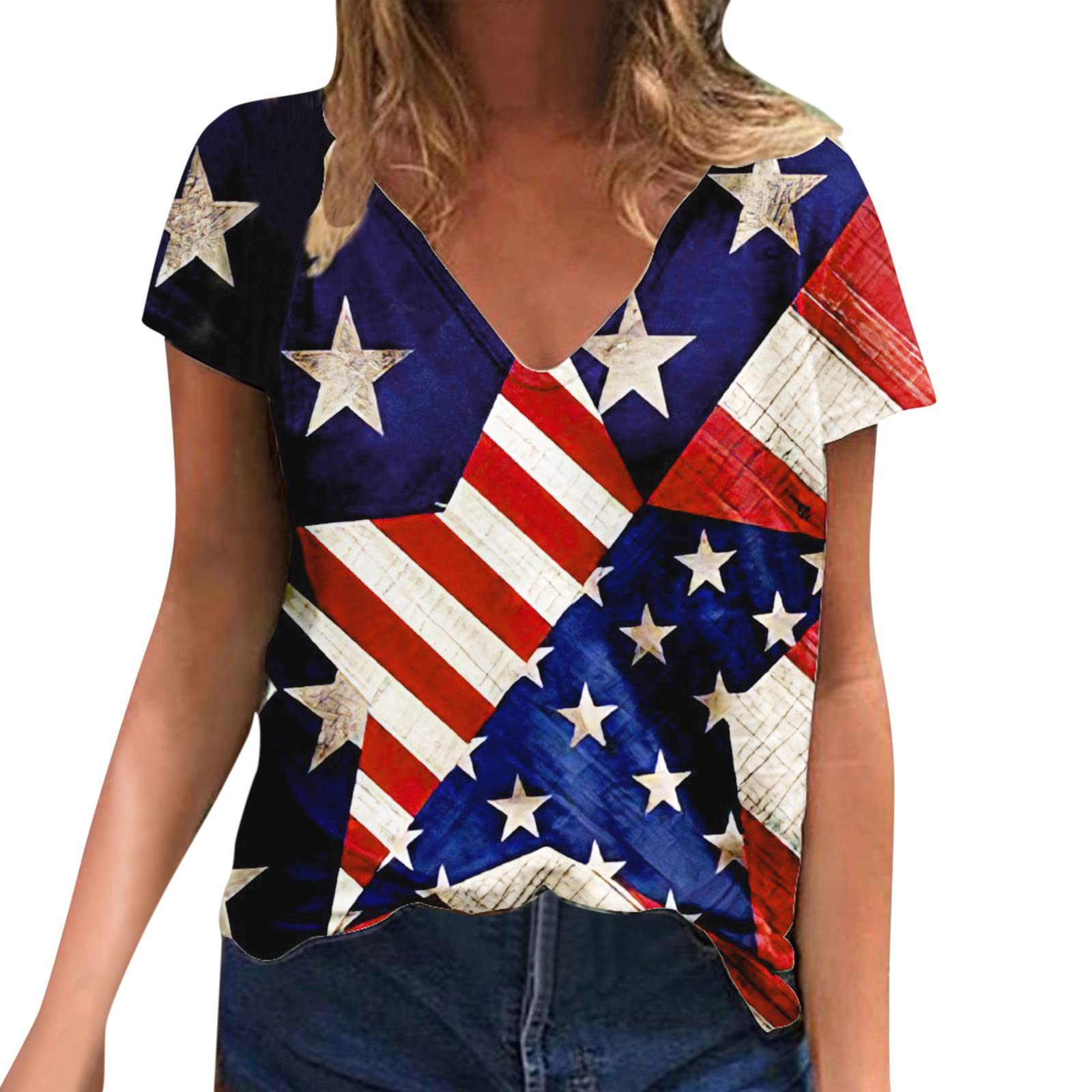 Women's Long Sleeve & Short Sleeve V-Neck Pullover T-Shirts - Hand Painted American Flag Design for Independence Day & Patriotic Events | Casual Wear, Holiday Outfits, and Everyday Fashion