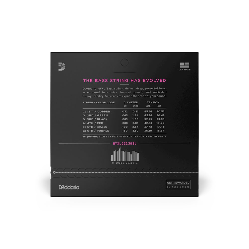 D'Addario NYXL32130SL Bass Guitar Strings - High Strength, Superior Tuning Stability & Enhanced Response for 6-String Bass - 32-130 Regular Light Gauge, Super Long Scale - Perfect for Live Performances, Studio Recording & Professional Bass Players