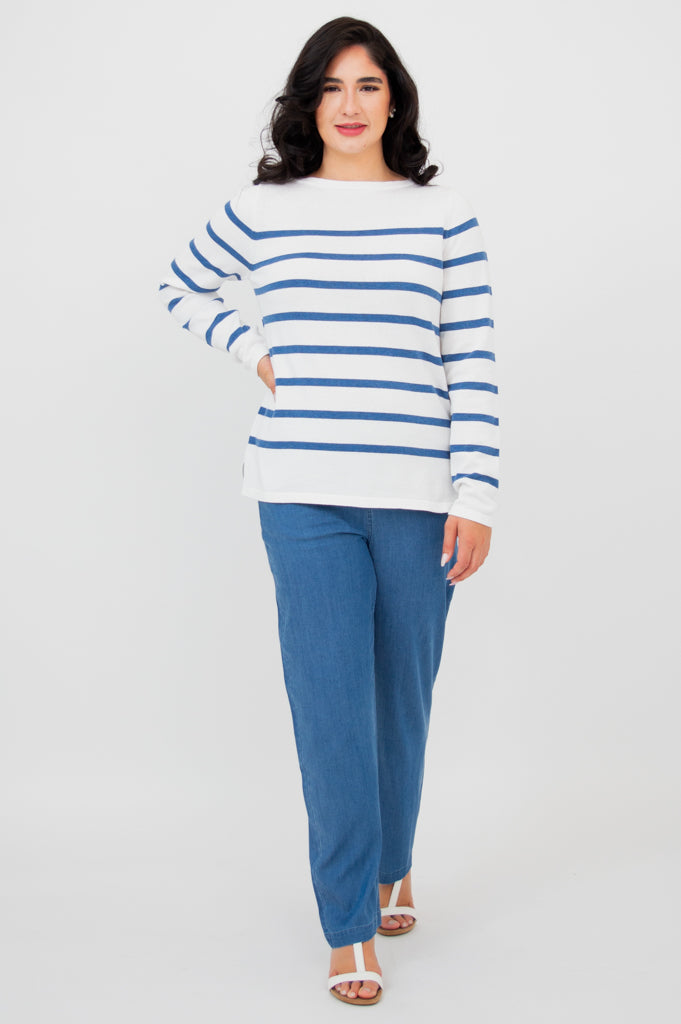 Frida Sweater for Women - Soft Cotton Denim Stripe Pullover - Casual Comfort for Everyday Wear & Outfits