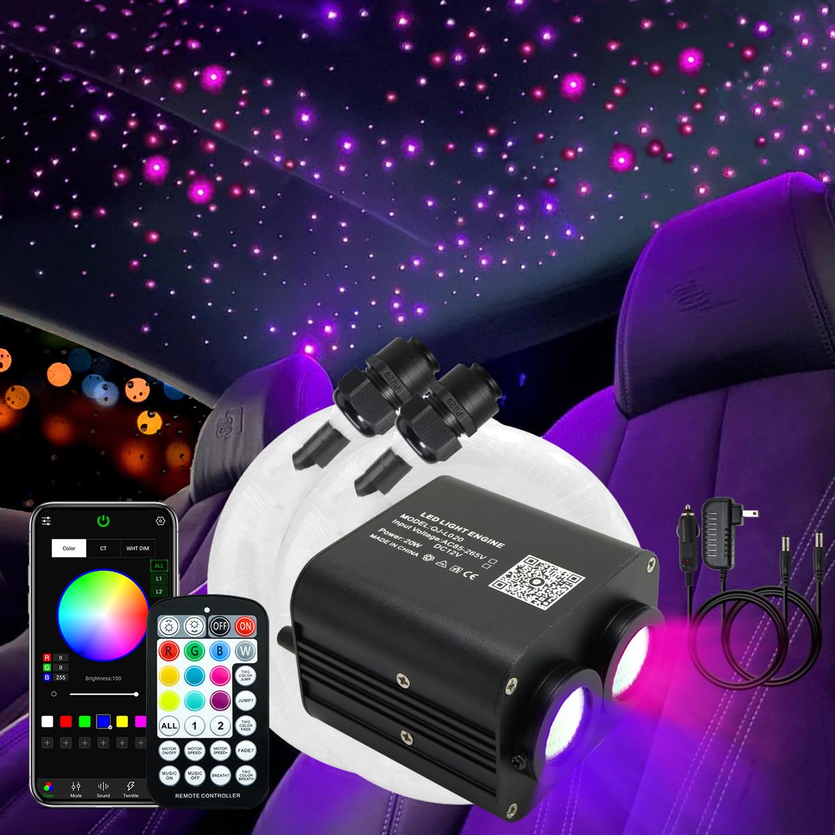 AKEPO 20W APP RGBW Dual-Head Color Changing Fiber Optic Lights with 830pcs 13.1ft/4m Fibers - Sound Activated Star Ceiling Kit for Bedroom, Truck Headliner & Home Decoration - Create Starlit Ambiance for Parties, Relaxation & Vehicle Customization