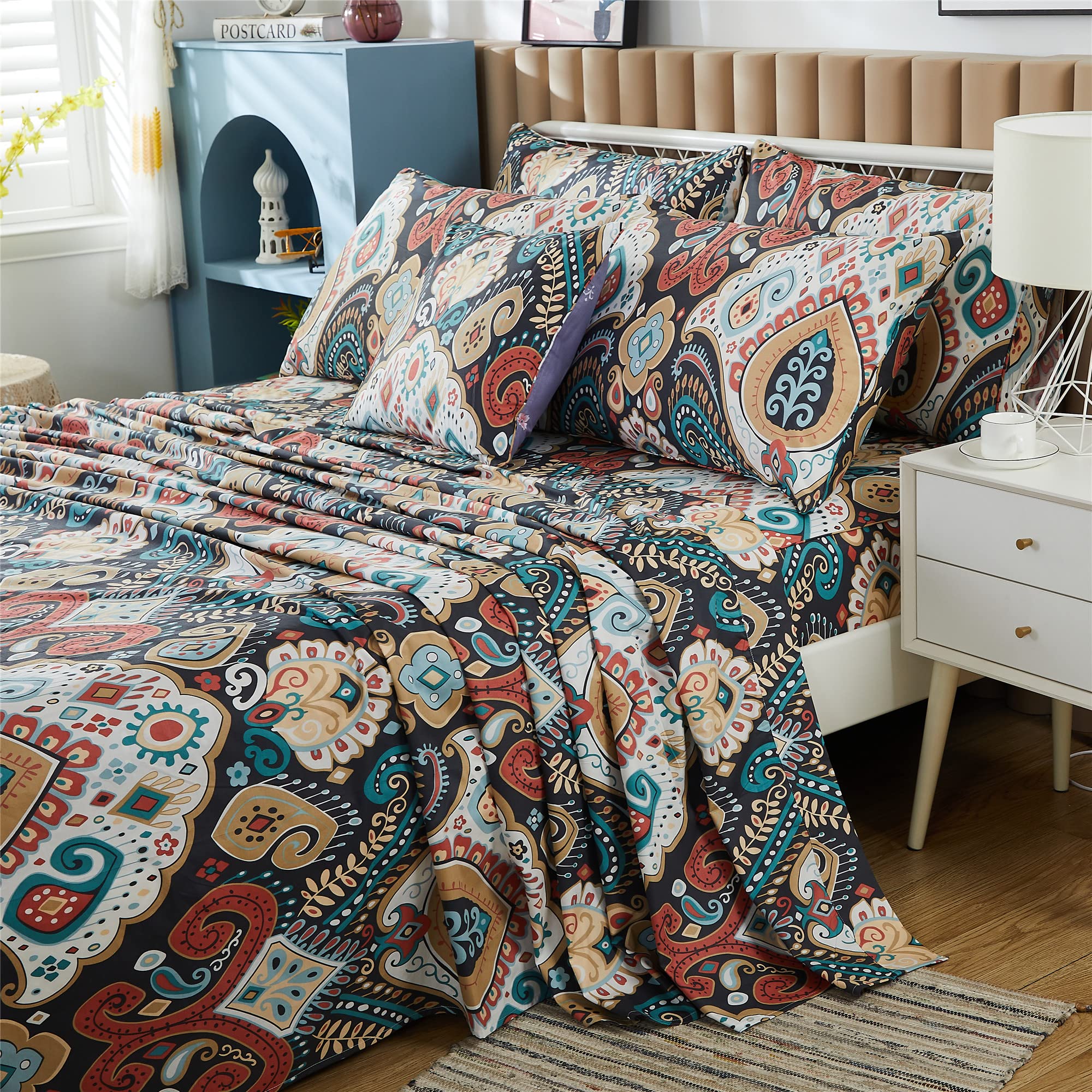 FADFAY 100% Percale Cotton Twin Size Bohemian Bedding Set - 4Pcs Paisley Printed Ultra Soft Breathable Sheets with Deep Pocket Fitted Sheet | Perfect for Guest Rooms, Dormitories & Boho Chic Bedrooms
