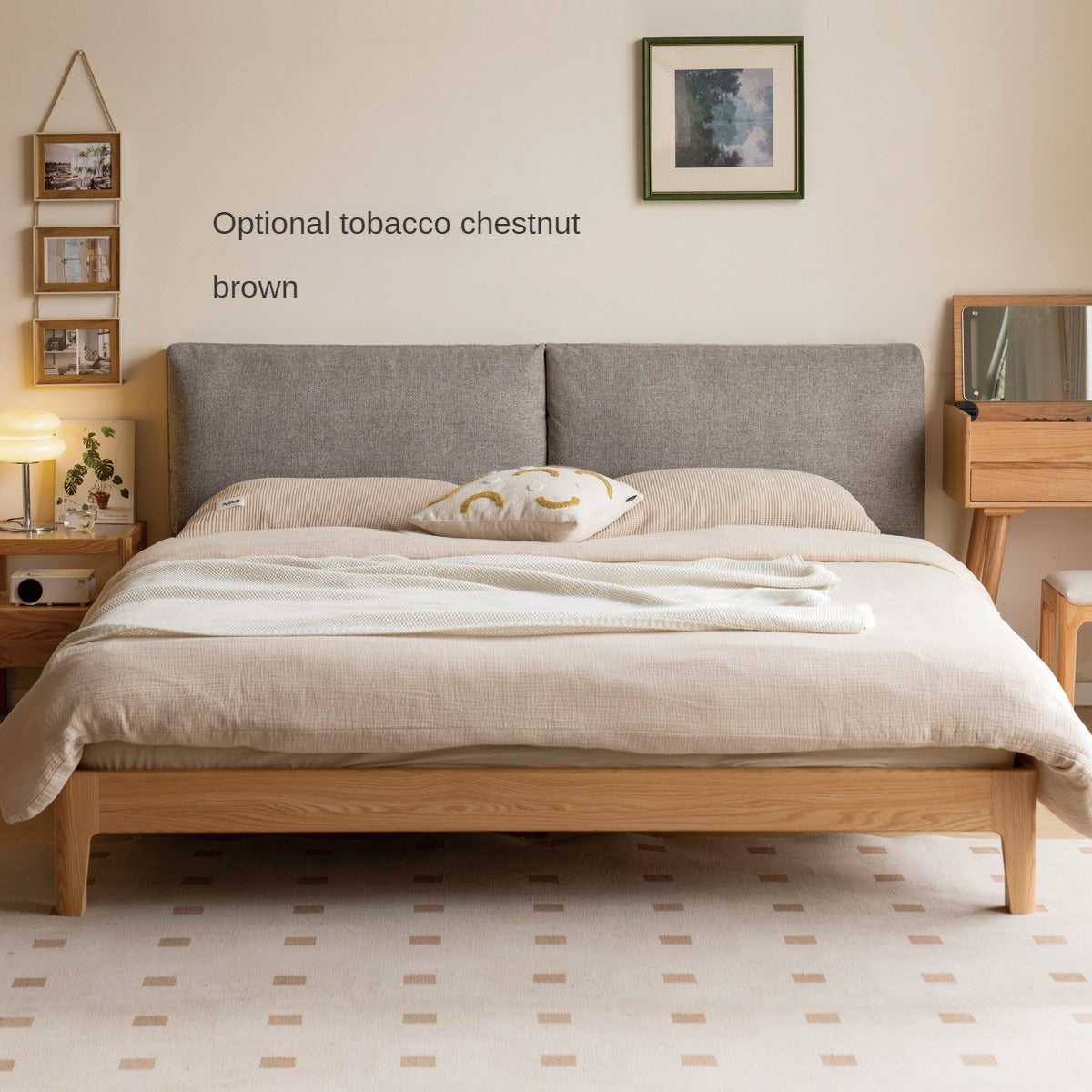 Solid Oak and Black Walnut Wood Fabric Soft Bed - Premium Handcrafted Wooden Bed Frame for Bedroom, Durable and Stylish Home Furniture for Master Bedroom, Guest Room, or Kids Room