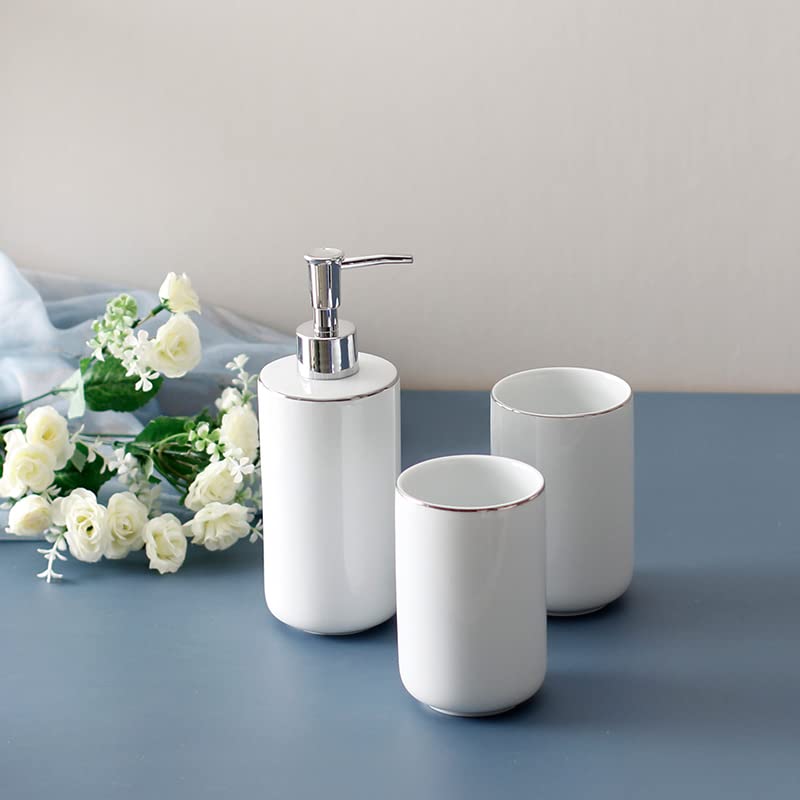 Modern White Ceramic Bathroom Set - 5-Piece Vanity Accessories (Toothbrush Holder, Cup, Lotion Bottle, Toilet Brush & Holder) for Stylish & Organized Bathroom Decor | Perfect for Home, Hotel, Spa & Guest Bathrooms