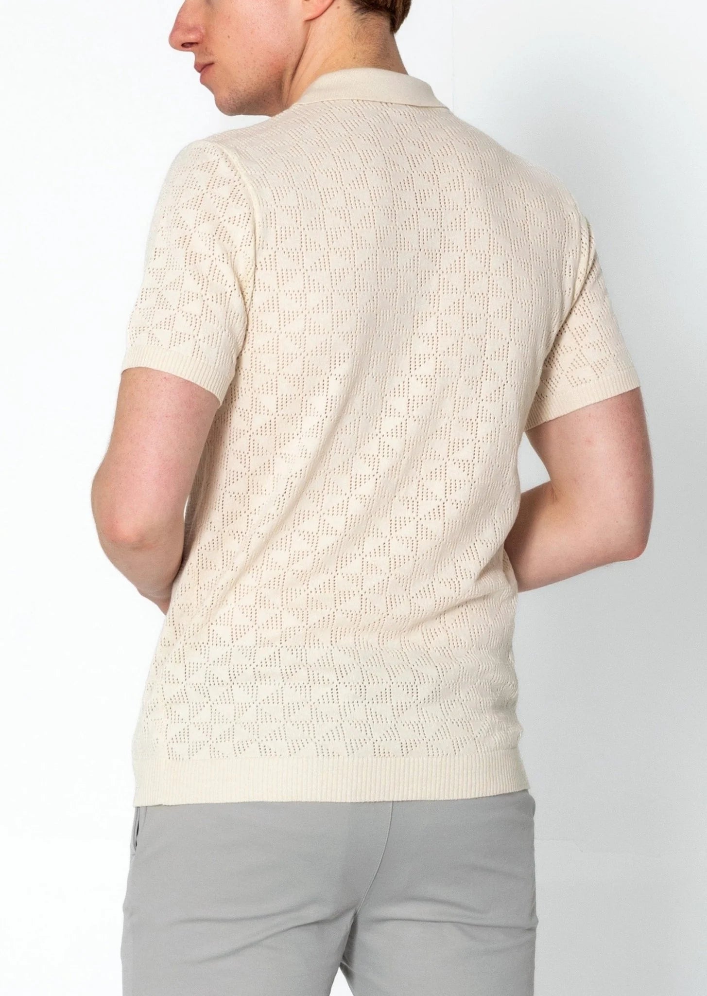 Geometric Crochet Polo Shirt for Women - Beige Cotton Summer Top, Boho Chic Style | Perfect for Beach Outings, Music Festivals & Casual Wear