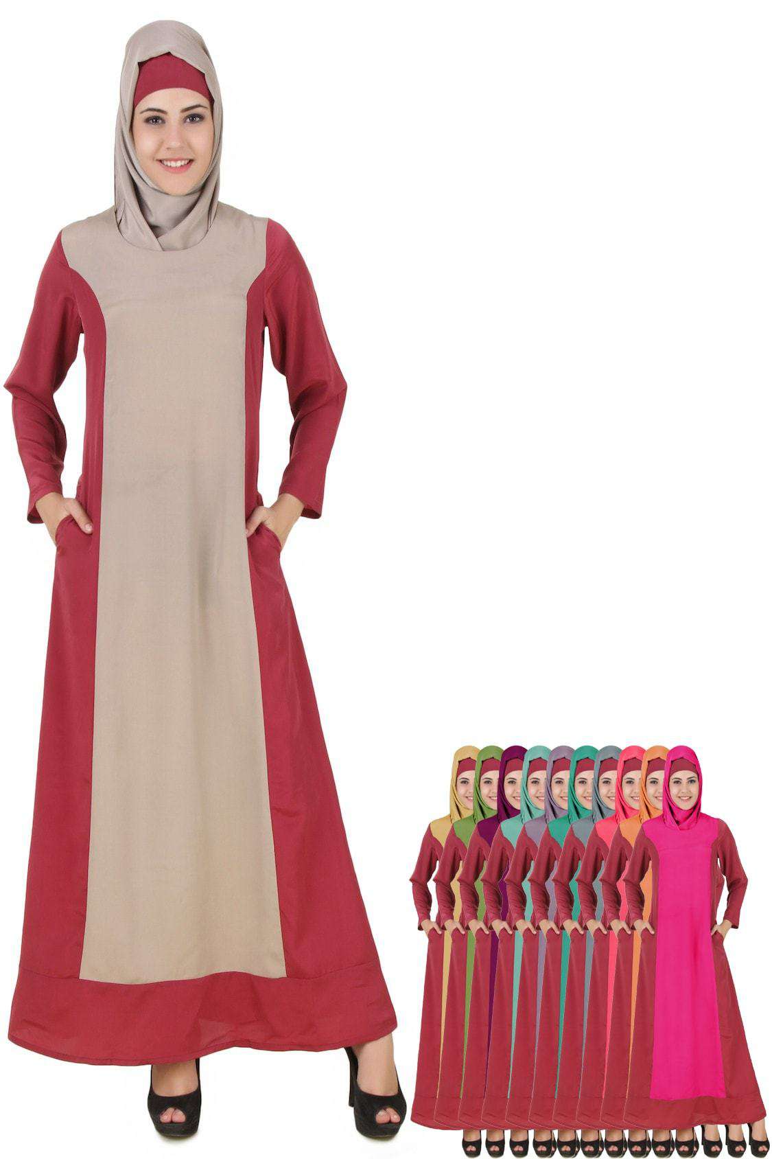 Arshi Slim Fit Rose Pink & Warm Grey Abaya - Elegant Muslim Dress for Women | Perfect for Prayer, Mosque & Special Occasions