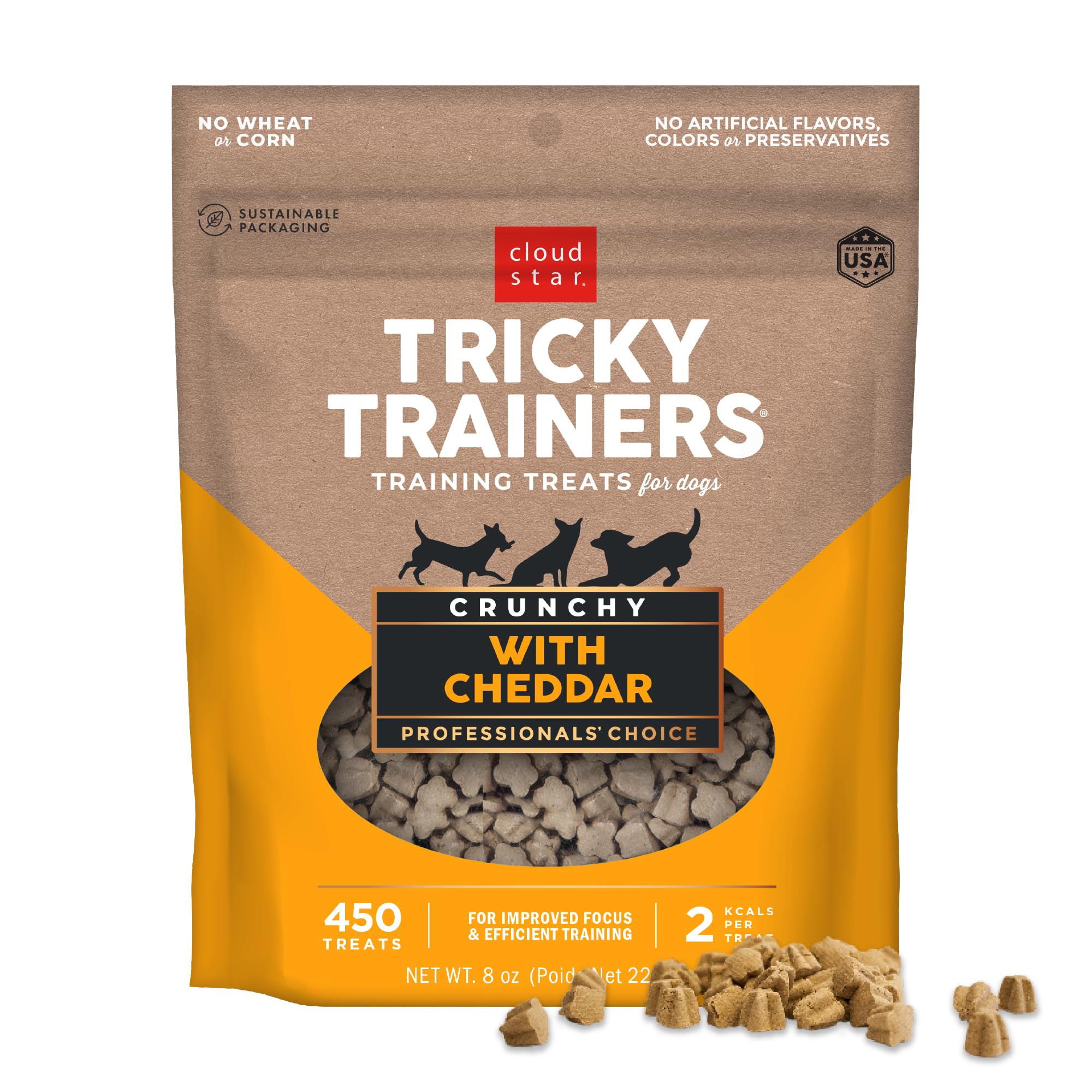 Cloud Star Tricky Trainers Crunchy Dog Training Treats - 8 oz Pouch, Cheddar Flavor, Low Calorie Behavior Reward with 450 Treats | Perfect for Obedience Training, Positive Reinforcement & Puppy Treats