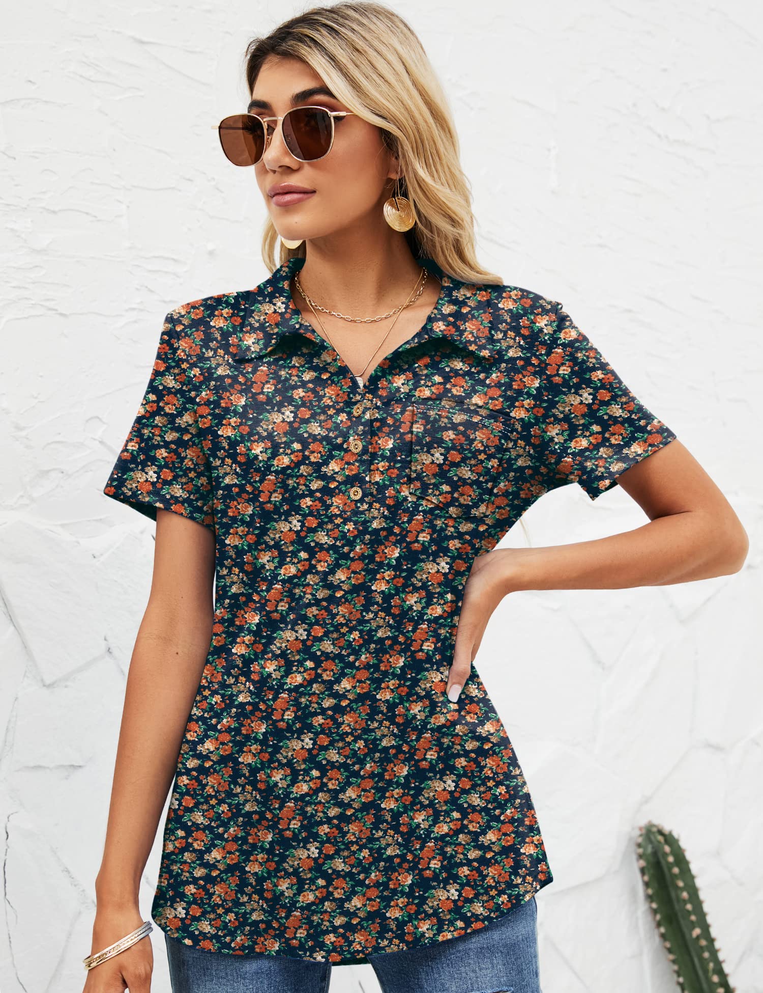 TFSDOD Women's Short Sleeve Polo Shirt - V-Neck Business Casual Button Down Tunic Top with Pocket | Perfect for Office Work, Business Meetings & Smart Casual Outfits