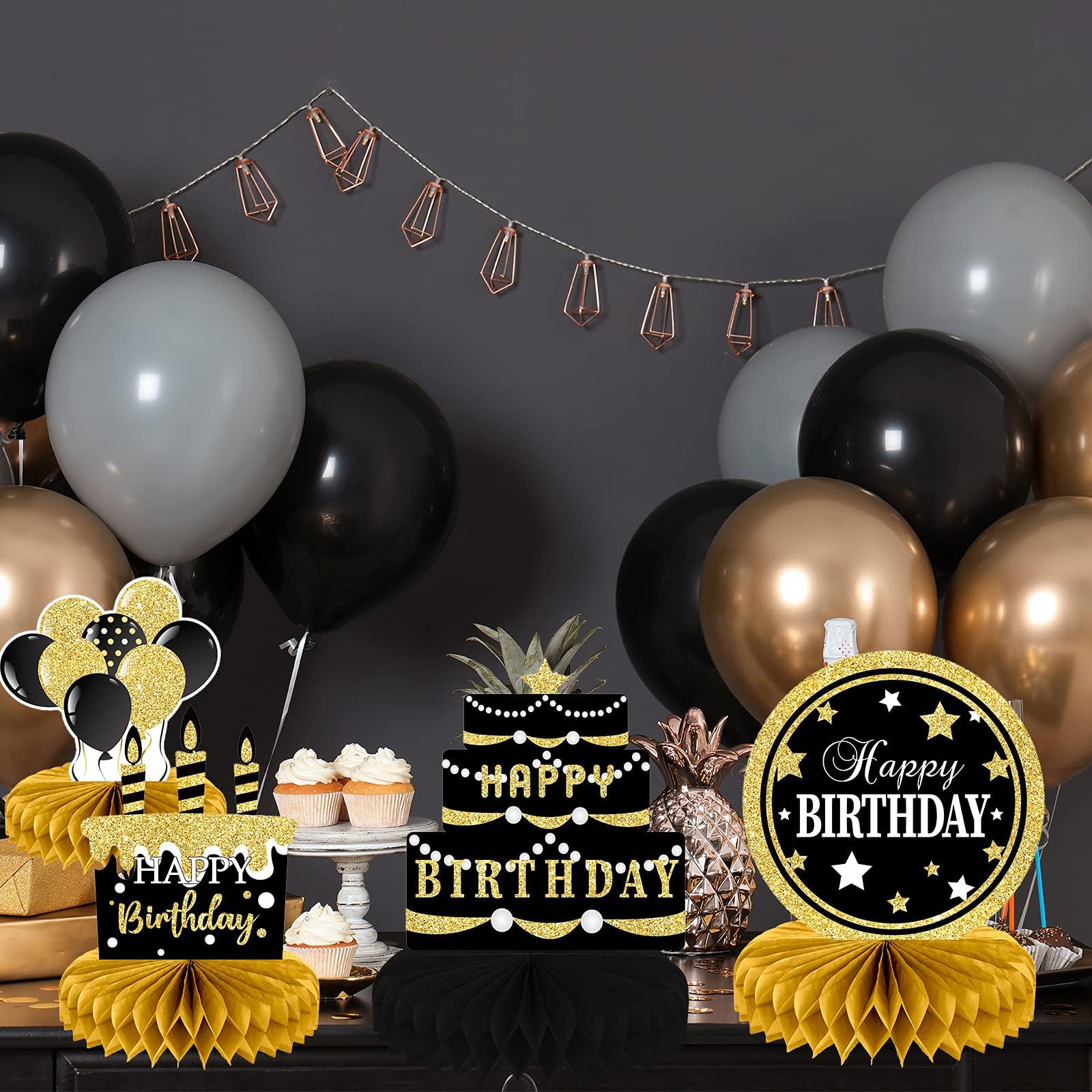 9-Piece Black & Gold Birthday Party Decor Set - Honeycomb Table Toppers, Centerpieces for Men & Women | Perfect for Adult Birthday Celebrations, Anniversary Parties & Special Event Decorations