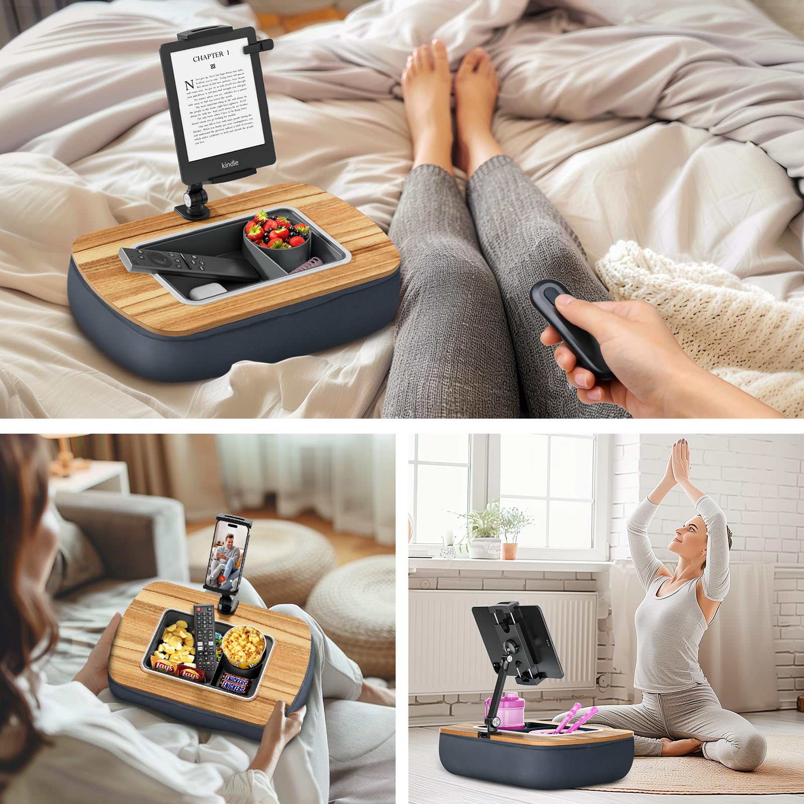 Adjustable Lap Beanbag Tablet Stand with 360° Rotating Clip & Snack Bowl - Compatible with iPad, Kindle, and Phones 4.7-13