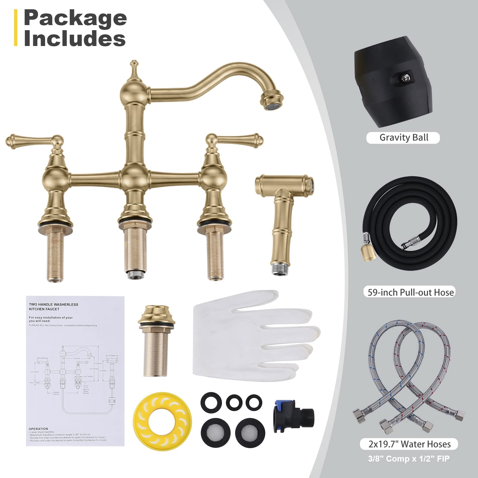WOWOW Brass 4-Hole Kitchen Faucet with Side Sprayer - 2-Handle 8-Inch Centerset in Heritage Brushed Gold - Perfect for Modern Farmhouse & Vintage Style Kitchen Sinks