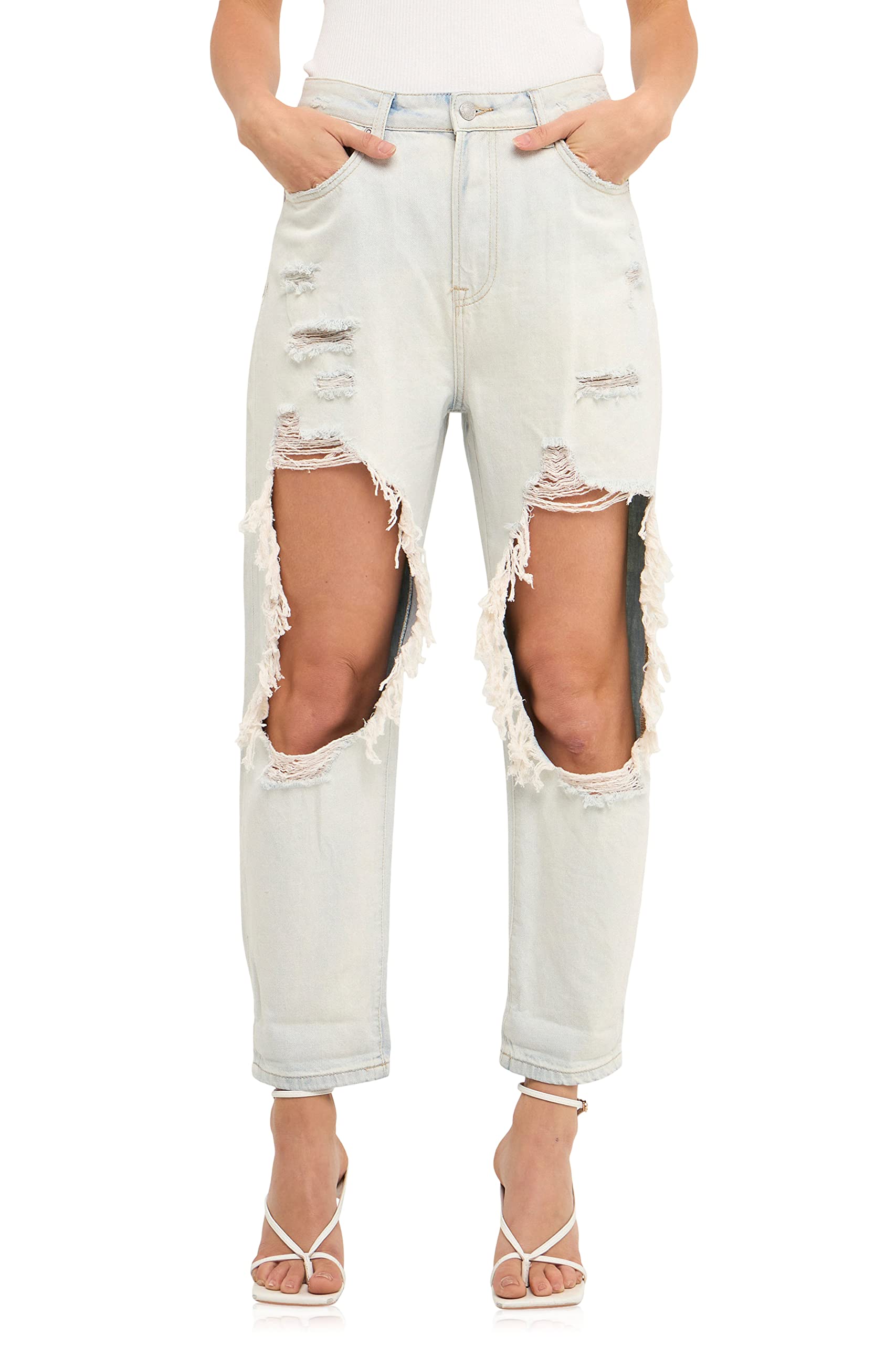 Women's Distressed Light Blue Denim Jeans - High Waist Ripped Skinny Jeans for Casual Outfits & Streetwear Fashion