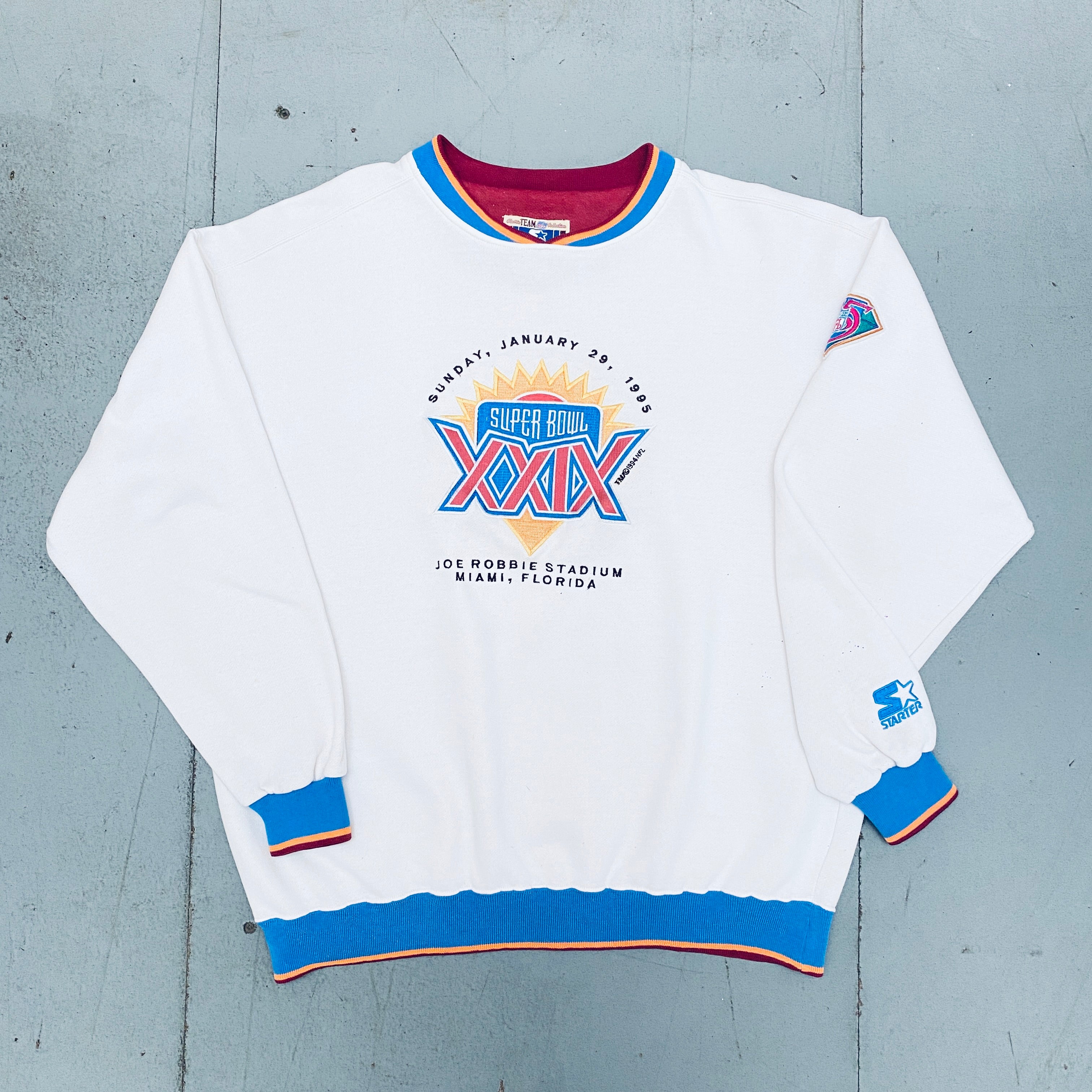 Vintage 1995 Super Bowl XXIX Embroidered Starter Sweatshirt with 75th Anniversary Patch - Large/XL - Retro NFL Football Fan Gift & Collectible - Perfect for Game Day, Sports Memorabilia Display, and 90s Nostalgia Fashion