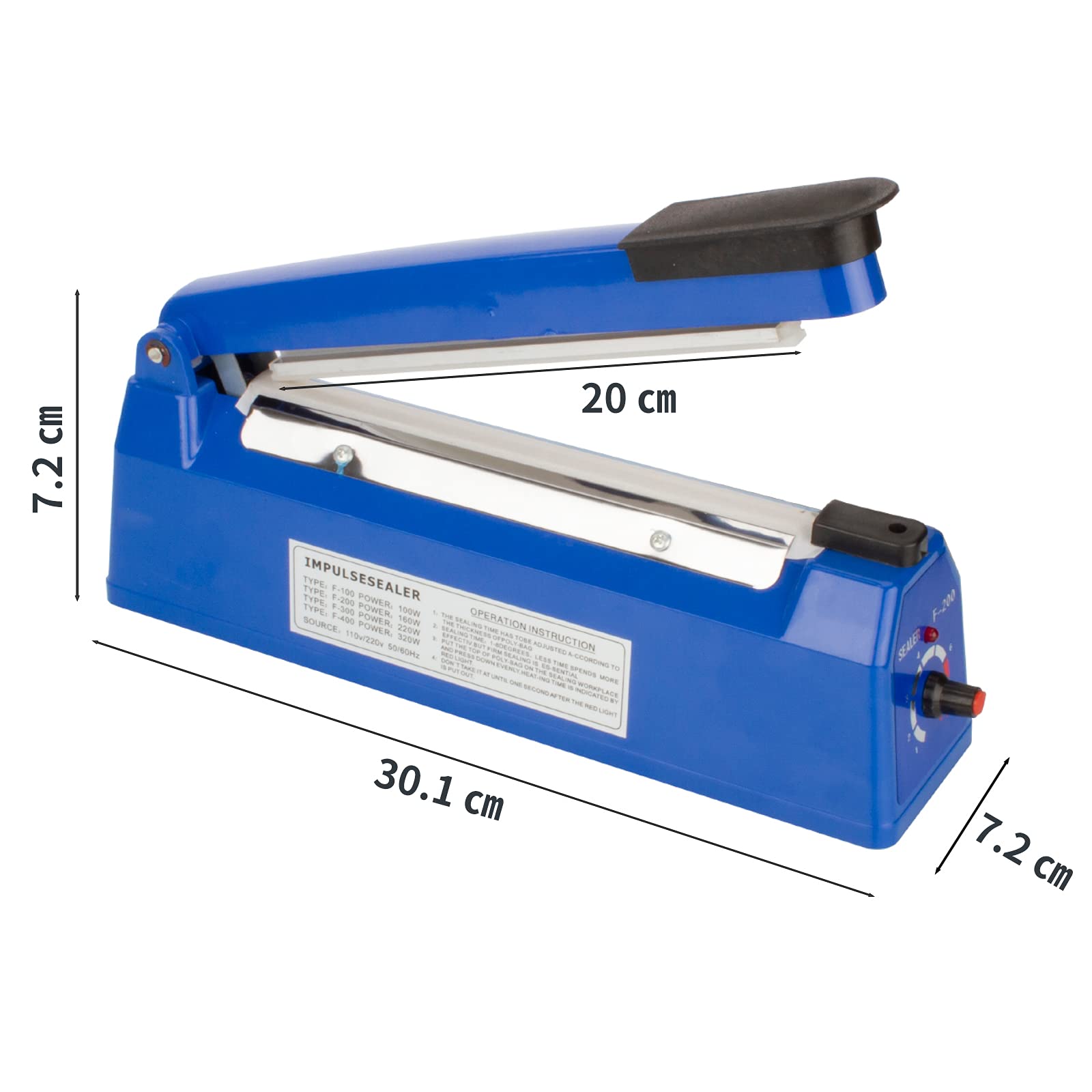 350W Manual Heat Sealer for Plastic Bags - Impulse Food Packing Machine with Replacement Kit (Metal/ABS, Blue, 8 Inch) - Perfect for Home Kitchen, Grocery Stores & Food Packaging Businesses