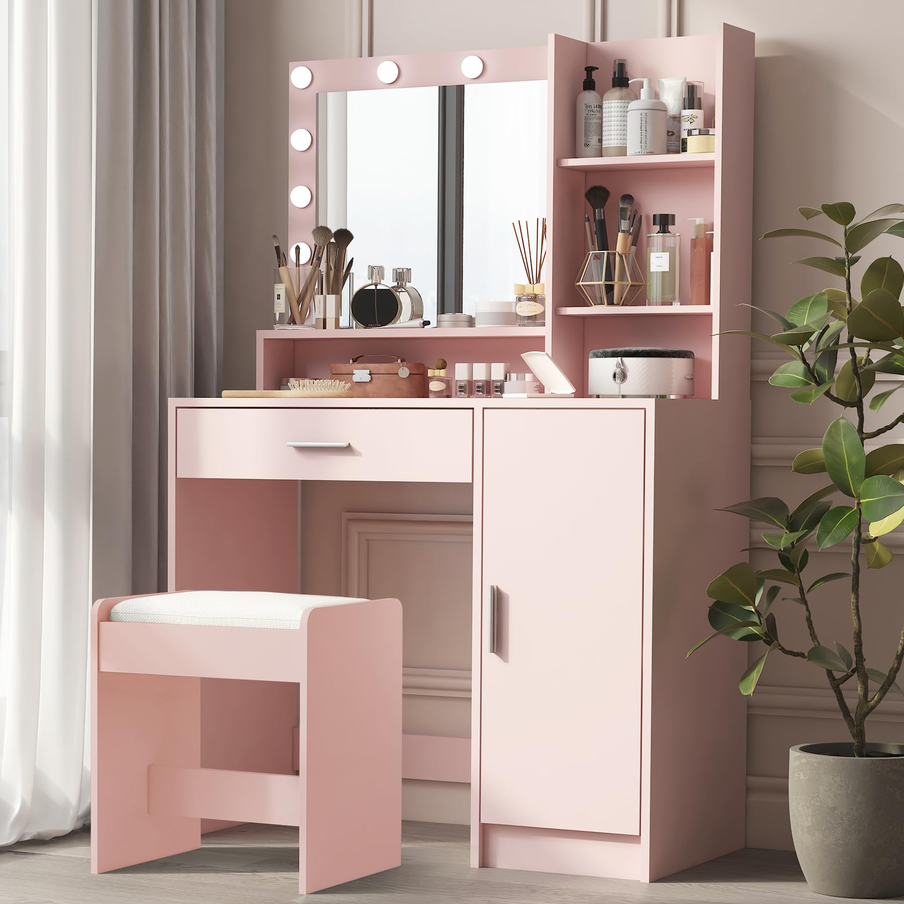 Vanity Desk with Mirror & LED Lights - Large Drawer & 3-Tier Storage Dresser - 3 Adjustable Lighting Modes - Pink Makeup Dressing Table with Stool - Perfect for Bedroom, Dorm Room & Beauty Salon