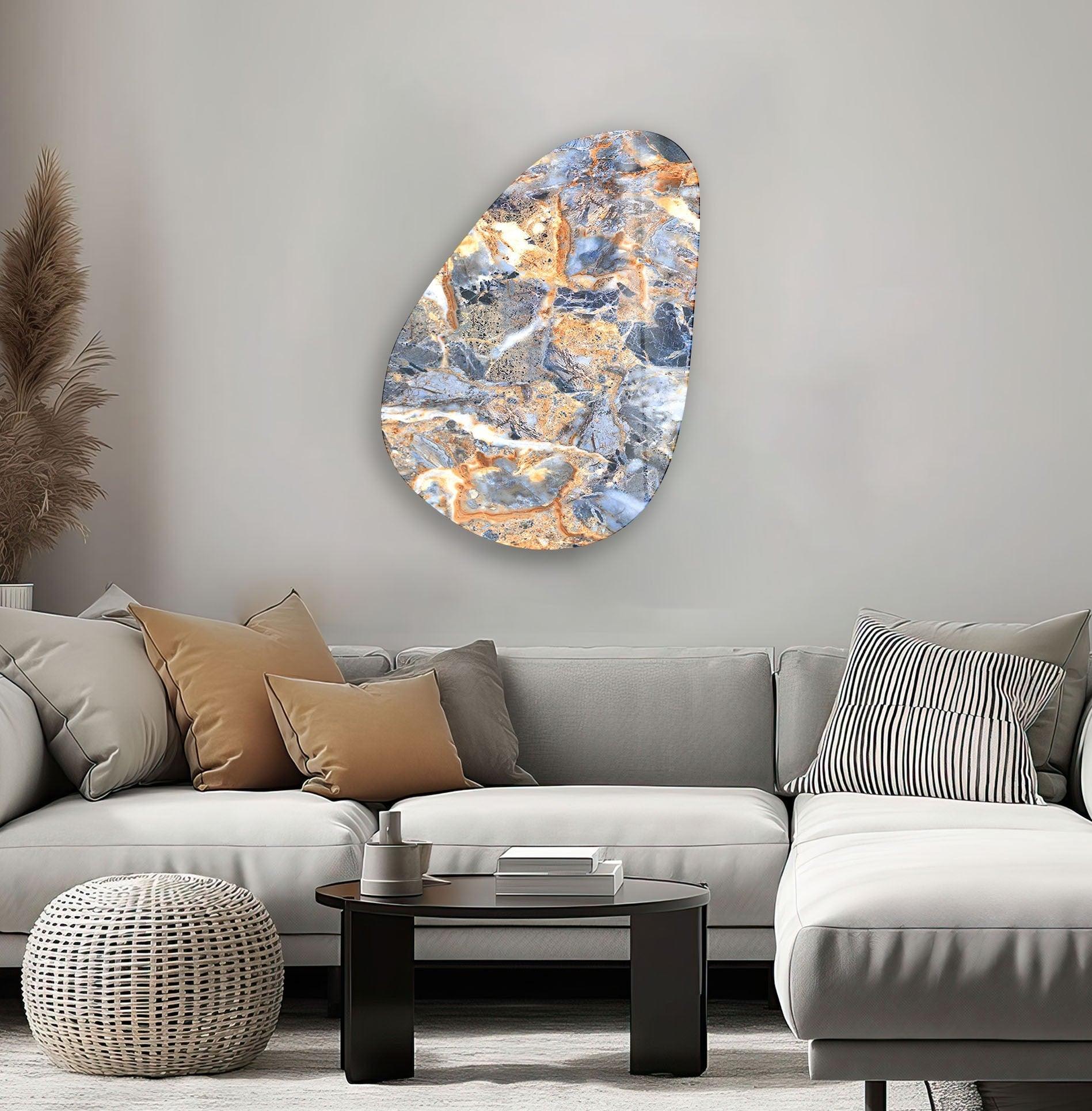 Handmade Asymmetrical Oval Blue & Orange Marble Glass Wall Art - Modern Abstract Home Decor for Living Room, Bedroom & Office