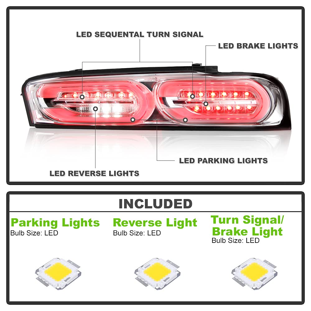 ACANII Full LED Tail Lights with Sequential Turn Signals for 2016-2018 Chevy Camaro - Chrome Replacement Lamps for Factory Incandescent Models | Upgrade Your Ride for Night Driving & Car Shows