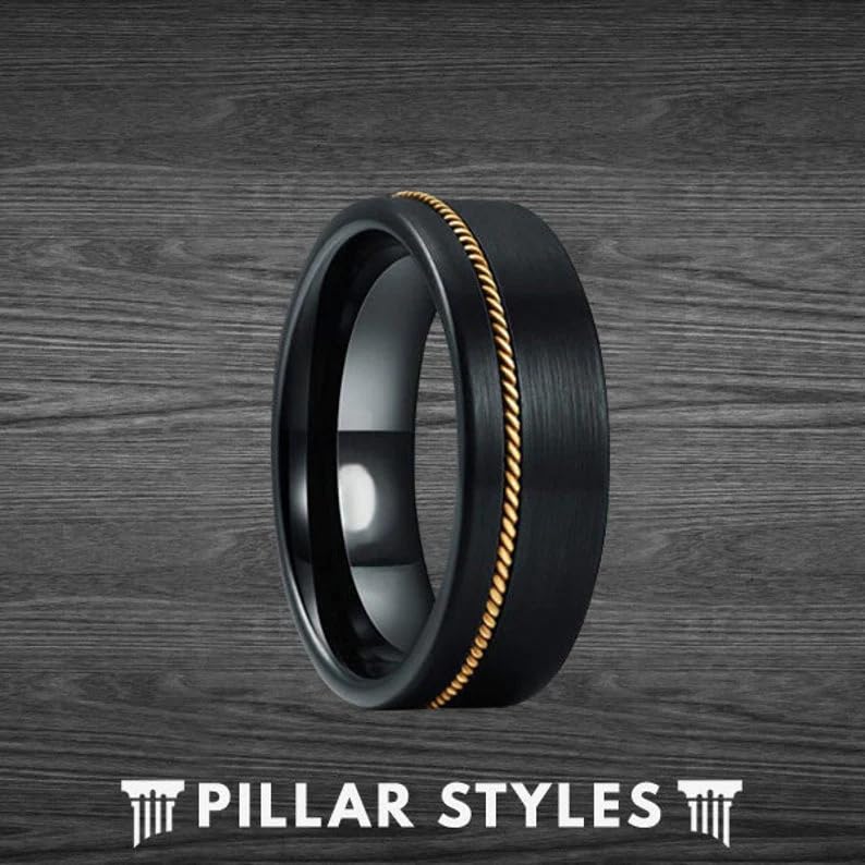 8mm Black Tungsten Guitar String Ring for Men - Offset Bronze Guitar Inlay, Comfort Fit Wedding Band - Perfect Gift for Guitarists & Musicians - Ideal for Performances, Weddings, and Everyday Wear