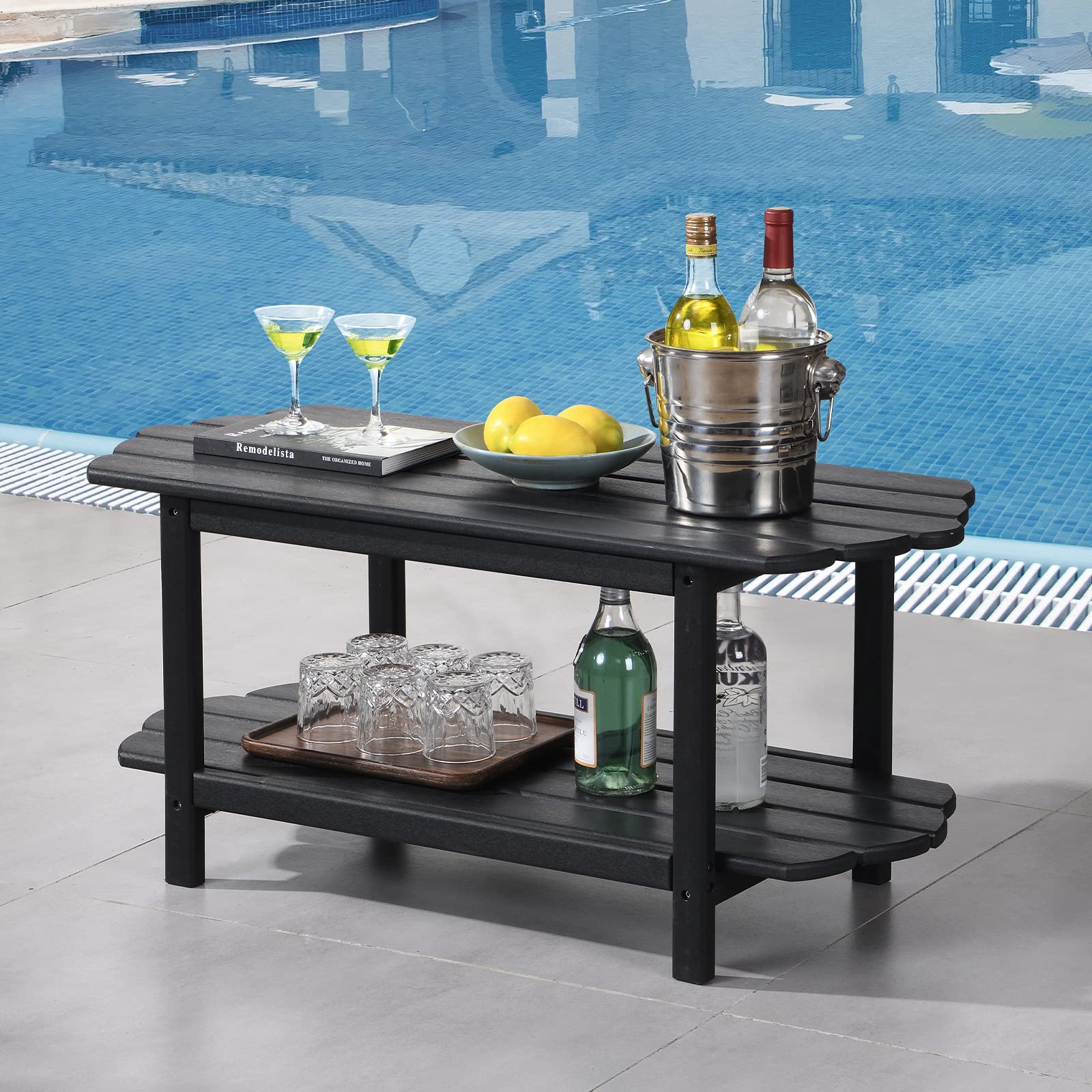 Adirondack Outdoor Patio Table - 2 Tier Black Coffee Table for Backyard, Poolside, Garden & Deck | Durable Weather-Resistant Irregular Design for Outdoor Relaxation & Entertaining