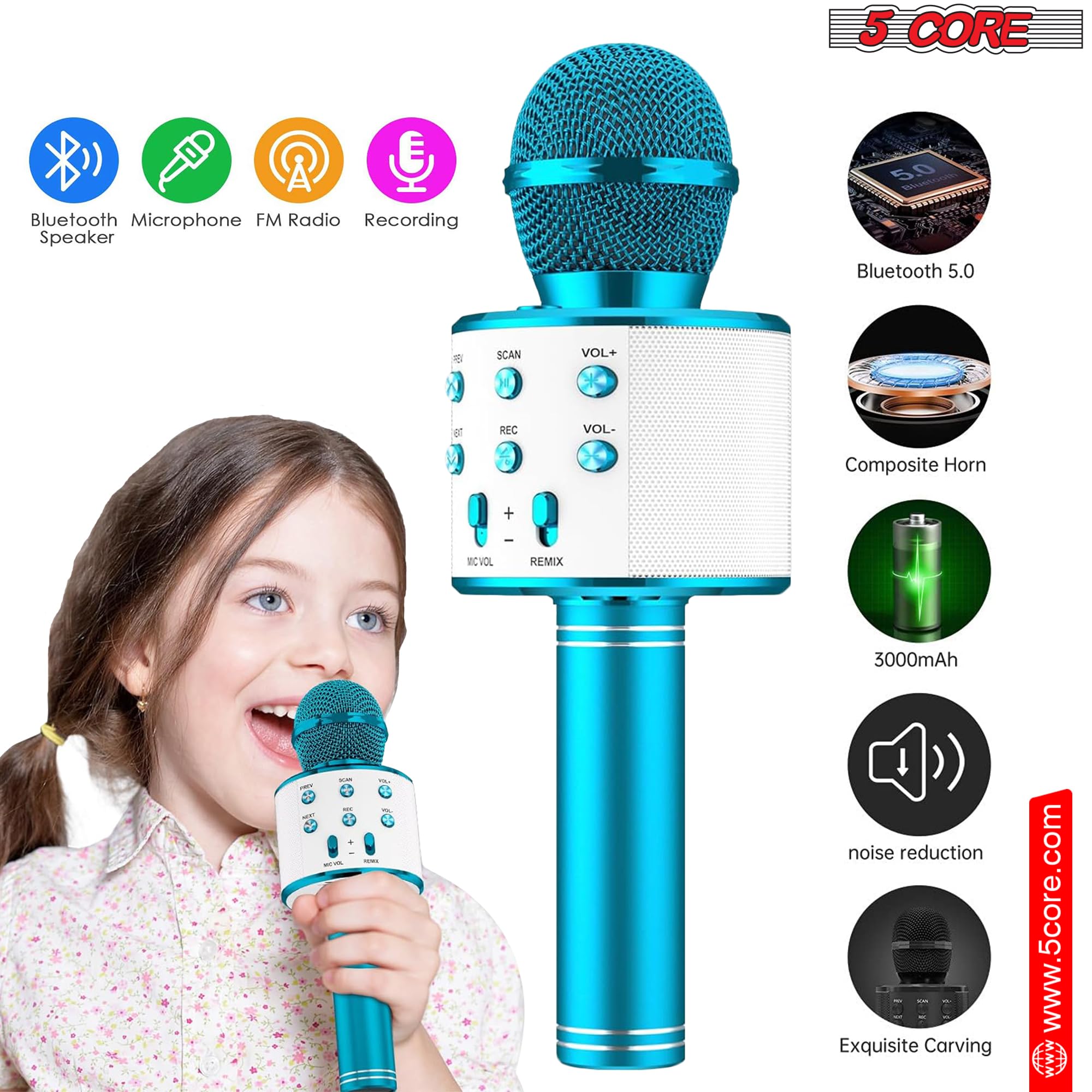 5 CORE Bluetooth Wireless Karaoke Microphone with Built-in Speaker & Recorder - Portable Handheld Mic for Singing, Recording & Parties - Perfect for Home Karaoke, Travel Entertainment & Gift Giving