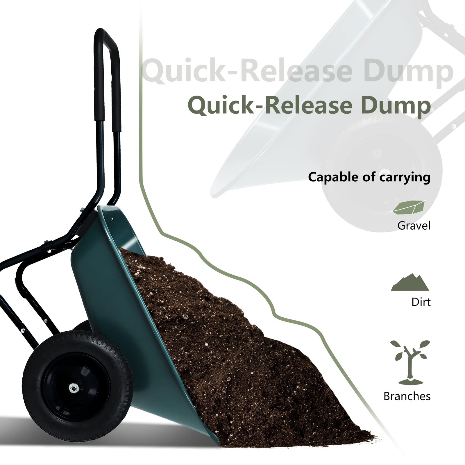 Heavy Duty Dual Wheel Wheelbarrow - 330 LBS Capacity with All-Terrain Pneumatic Tires | Utility Garden Cart for Gardening, Planting, Yard Work & Construction Sites | Perfect for Home Improvement, Landscaping & Outdoor Projects (Green)