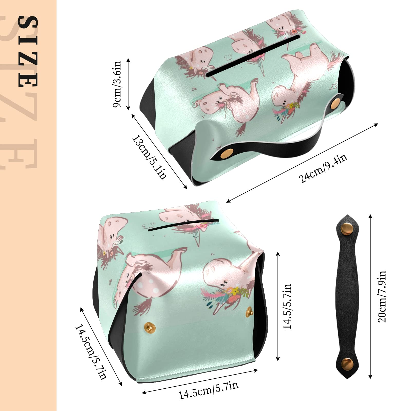 **Cute Cartoon Pink Unicorn Tissue Box Cover - Seamless Turquoise Leather with Handle - 9.4x5.1x3.6 Inches - Perfect for Bathroom, Home, Office, Car & Nightstand Decor**    *(Use Scenes: Adds a whimsical touch to your bathroom vanity, brightens your office desk, or keeps your car tissues stylishly organized!)*