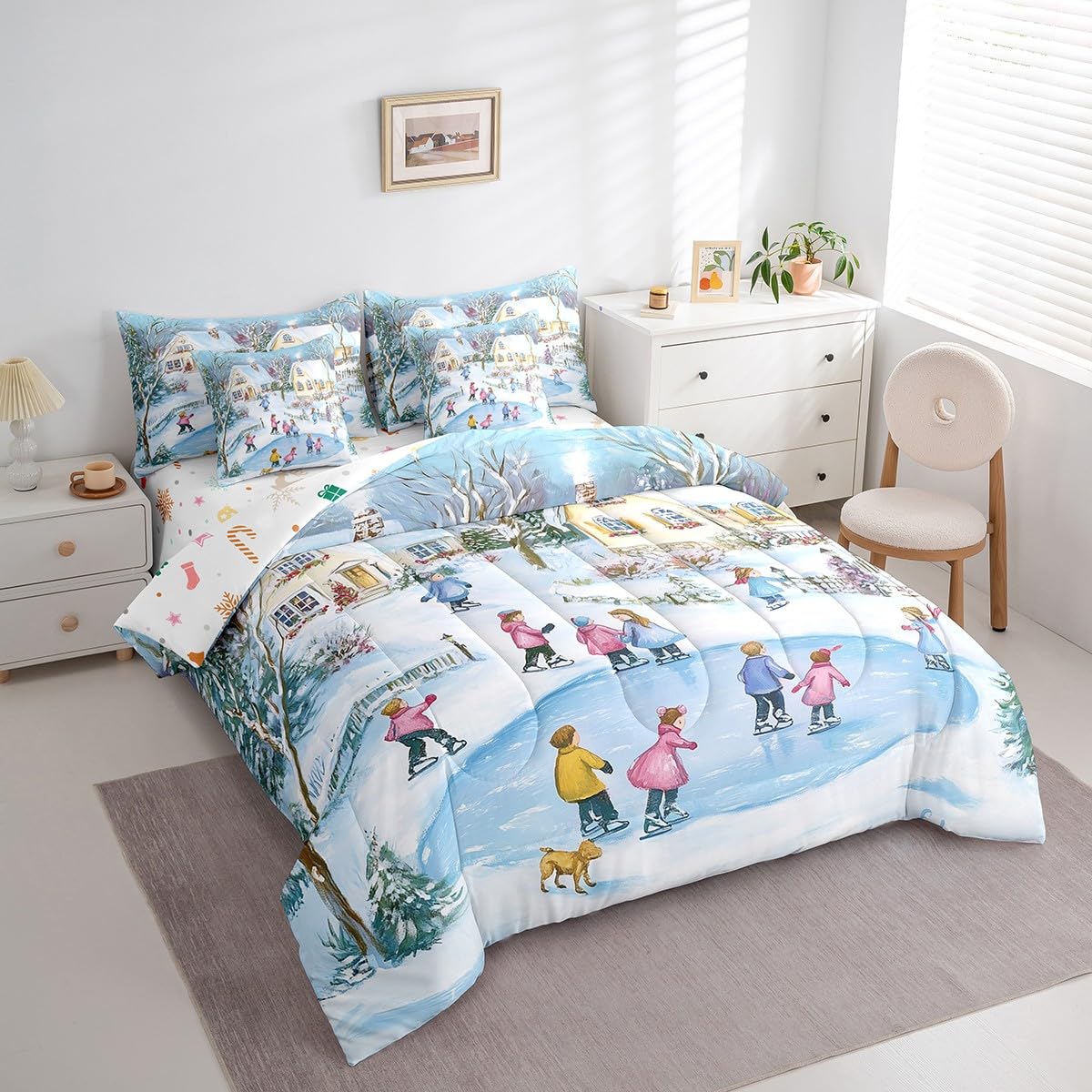Erosebridal 7-Piece Winter Ski Queen Bedding Set - Snow Skiing Themed Comforter Set with Sheets for Kids, Girls & Boys - Christmas Home Decor Rustic Country Bed Set with Fitted Sheet, Flat Sheet & Pillowcases - Cozy Ski Lodge Bedroom Decor for Winter Holidays & Snowy Getaways