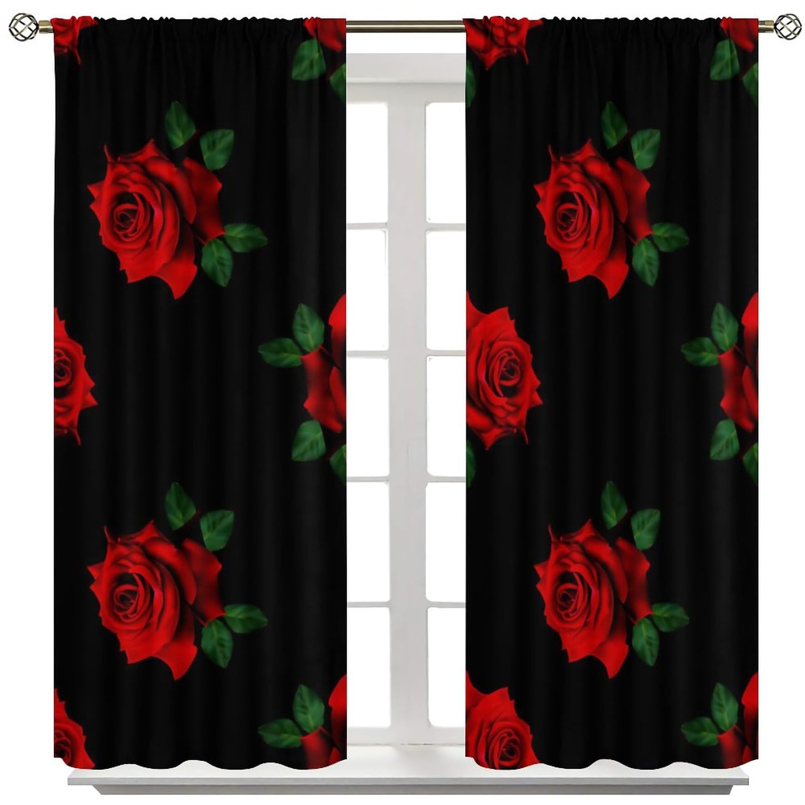 Romantic Red Rose Print Curtains - Burgundy & Black Floral Drapes for Valentine's Day, Women's & Girls' Room Decor - 2 Panels (42x45 Inch) - Perfect for Bedroom Windows, Living Room Decor & Romantic Home Ambiance