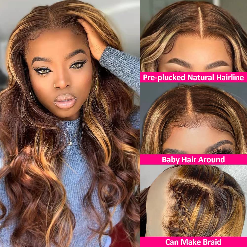 Human Hair Wigs for Black Women - 24 Inch Glueless Body Wave Ombre Highlight Lace Front Wig with Baby Hair & 150% Density (4x4 Lace, Pre-Plucked) | Perfect for Daily Wear, Parties & Special Occasions
