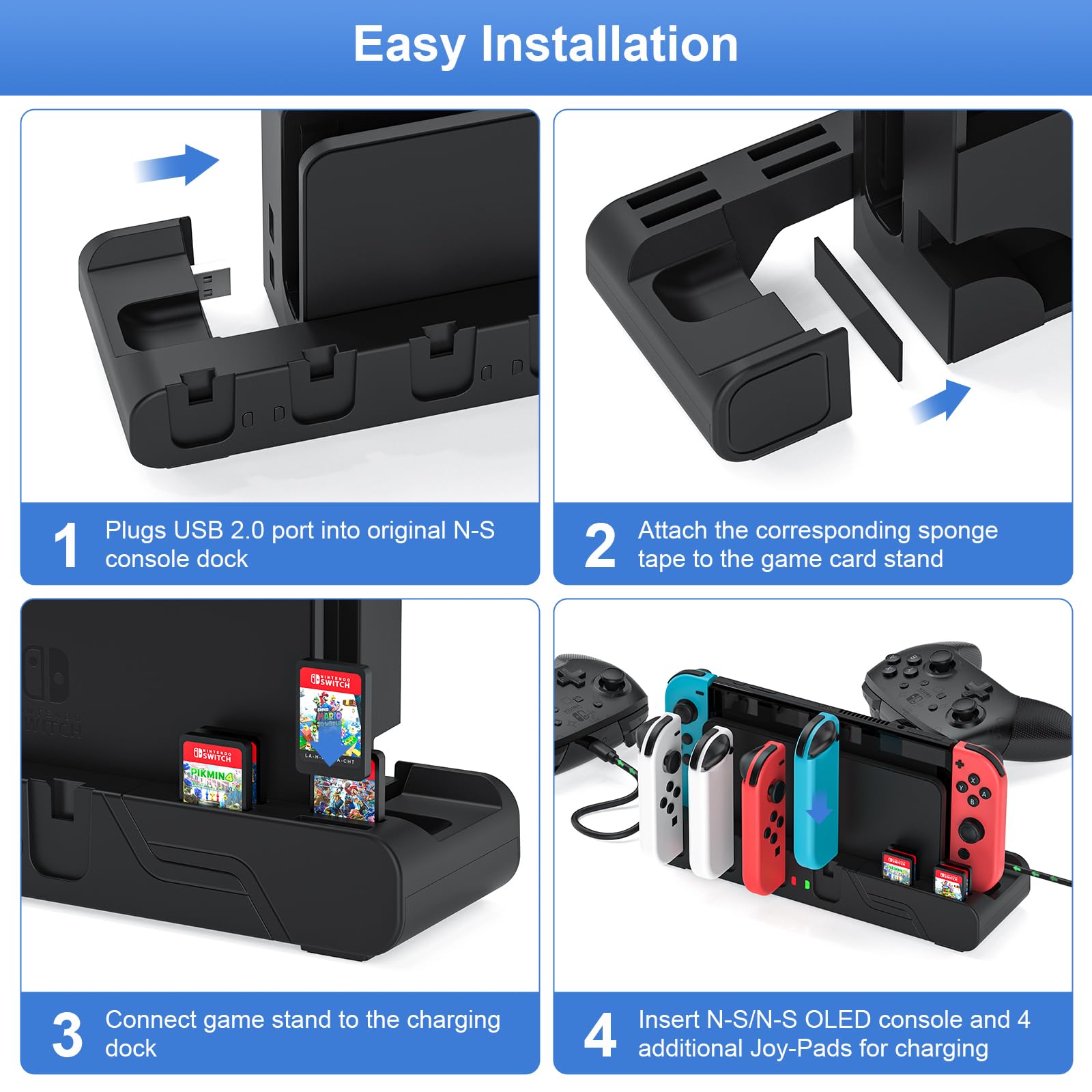 MLIFEMFUL Switch Joycon Charging Dock - 6-Port Fast Charger for Nintendo Switch & OLED Model Joycons with Game Card Storage | Perfect for Gaming Parties, Travel & Multiplayer Sessions