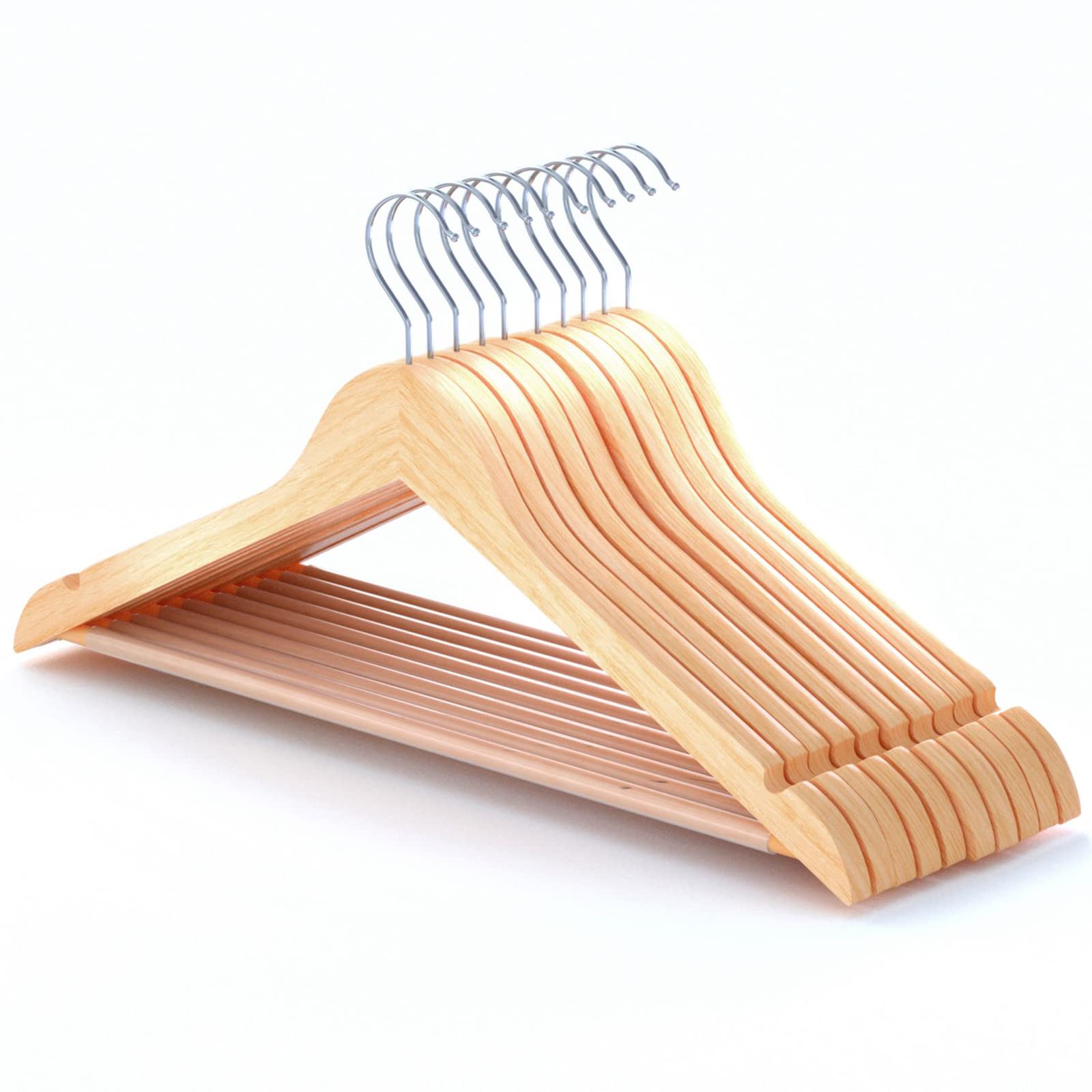 HANGERWORLD 10 Pack Natural Wooden Clothes Hangers 45cm with Non-Slip Trouser Bar - Perfect for Wardrobe, Closet Organization & Garment Storage