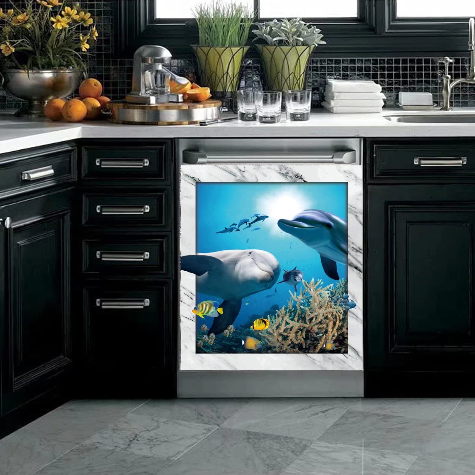 Dolphin Magnetic Dishwasher Cover - Ocean Sea Theme Kitchen Decor, Refrigerator Sticker, Cabinet Door Decal for Home Appliances | Perfect for Beach House, Coastal Kitchen & Nautical Themed Decor