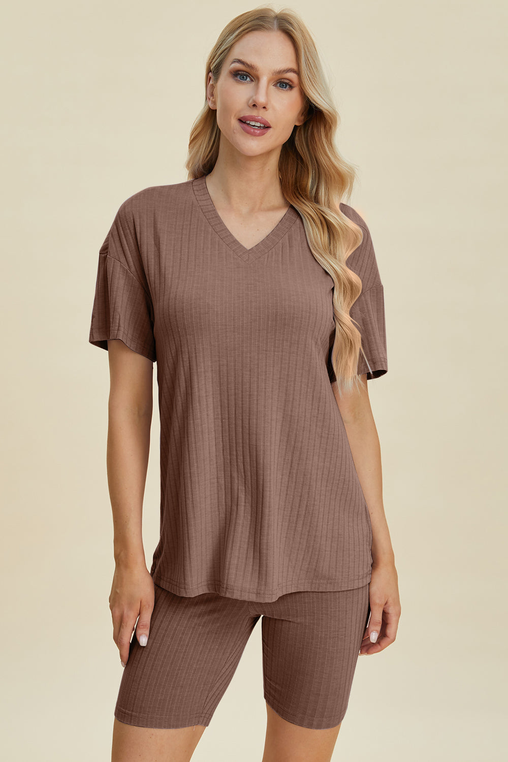 Basic Bae Full Size Ribbed V Neck Short Sleeve Top and Shorts Set - Women's Casual Summer Outfit for Beach, Lounge & Everyday Wear