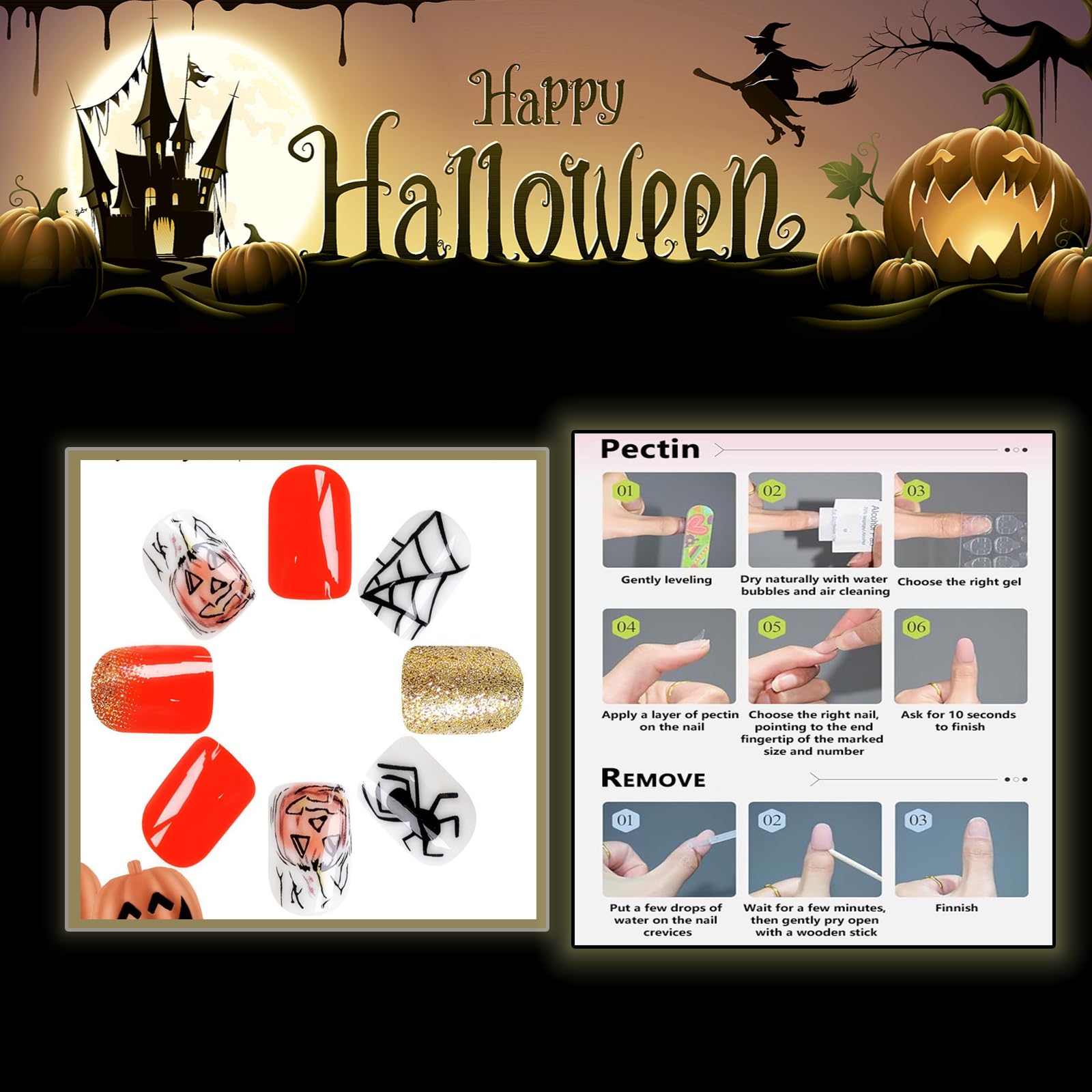 24pcs Halloween Press On Nails - Short Square Fake Nails with Pumpkin & Spider Design, Gold Glitter Acrylic Full Cover False Nails for Women | Perfect for Halloween Parties, Costume Events & Spooky Nail Art
