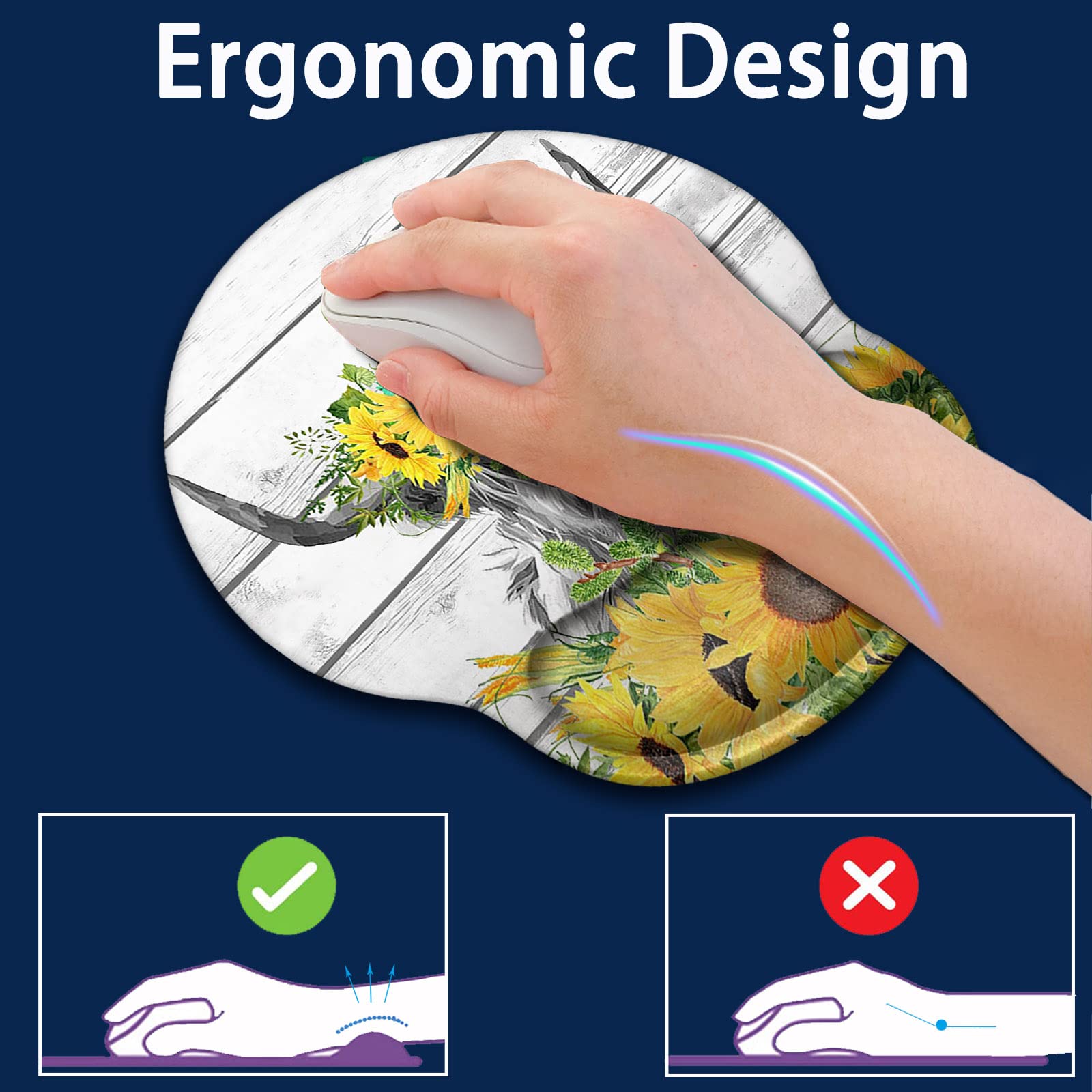 Ergonomic Wireless Mouse Pad with Wrist Support - Soft Memory Foam Keyboard Wrist Rest Pad Set for Office, Typing & Gaming - Cute Highland Cow & Sunflower Design (White) - Perfect for Home Office, Computer Workstations & Long Gaming Sessions