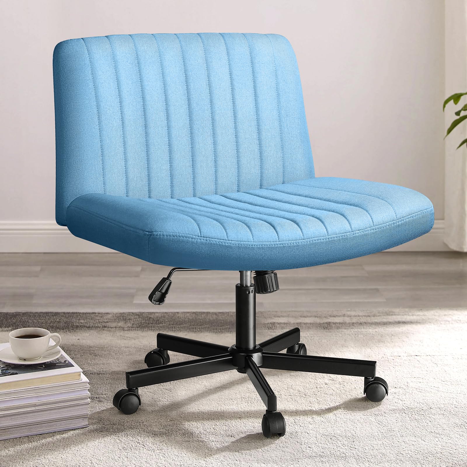 PUKAMI Criss Cross Chair with Wheels - Fabric Padded Armless Cross Legged Office Desk Chair for Home Office - Modern Swivel Height Adjustable Wide Seat Computer Task Vanity Chair (Blue) - Perfect for Home Office, Gaming, Study & Relaxation