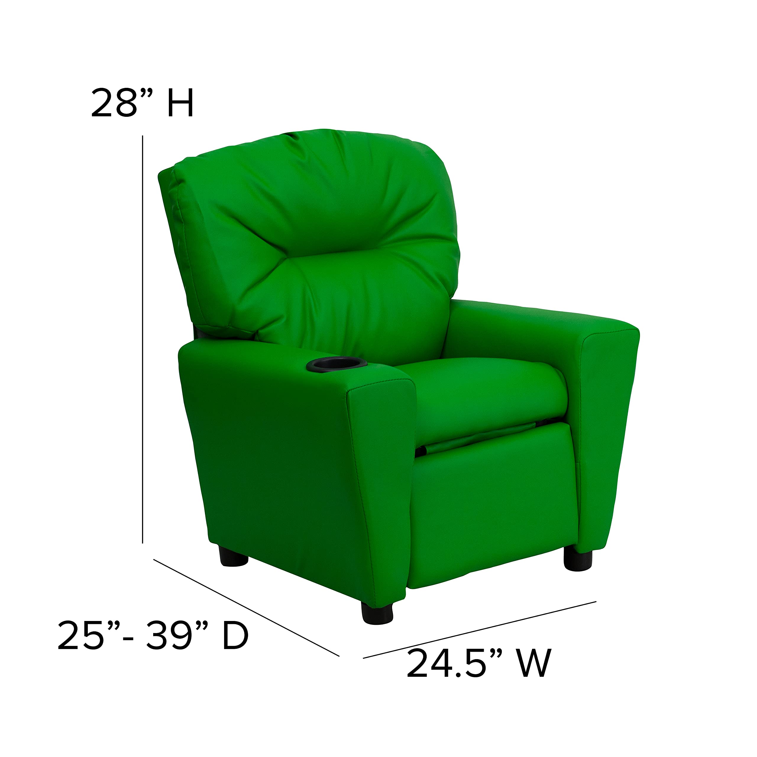 Emma & Oliver Green Vinyl Kids Recliner Chair with Cup Holder - Comfortable Children's Lounge Chair for Playroom, Bedroom or TV Time