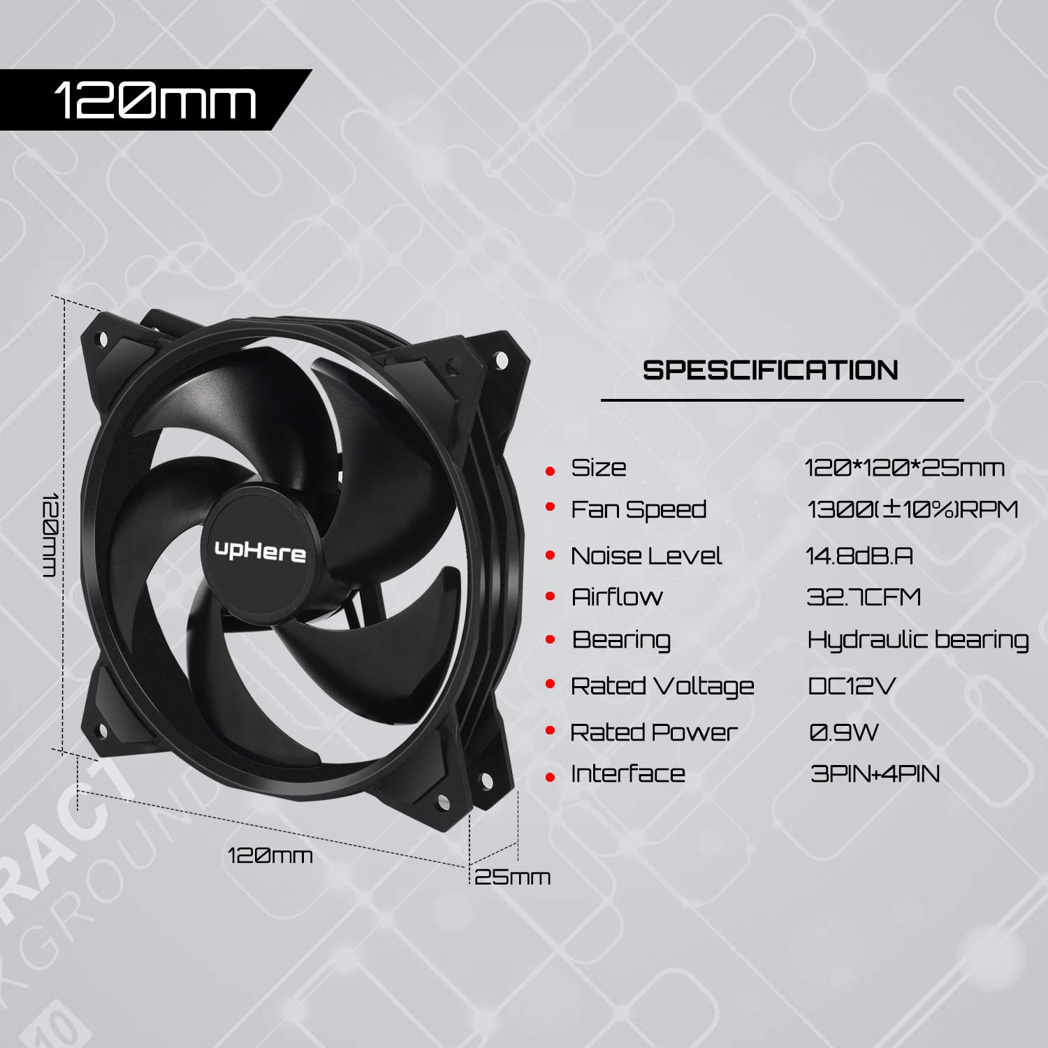 uphere 120mm Long Life Computer Case Cooling Fan - 3 Pack Black (PF120BK3-3) | High Performance PC Case Fan for Optimal Airflow & Cooling | Perfect for Gaming PCs, Workstations & Server Cooling