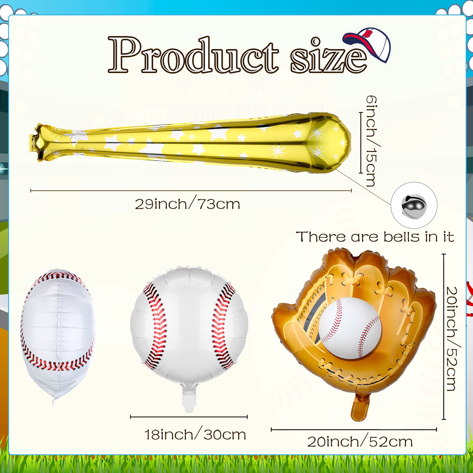 Skylety 18-Piece Baseball Party Decorations - 18 Inch Baseball Balloons, 20 Inch Glove & 30 Inch Bat Foil Balloons for Birthday, Sports Theme Party, Photo Props - Perfect for Baseball Birthday Decor, Team Celebrations & Sports Events