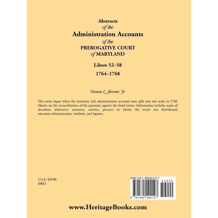 Abstracts of the Administration Accounts of the Prerogative Court of Maryland, 1764-1768, Libers 52-58 | Historical Genealogy Research & Colonial America Legal Records