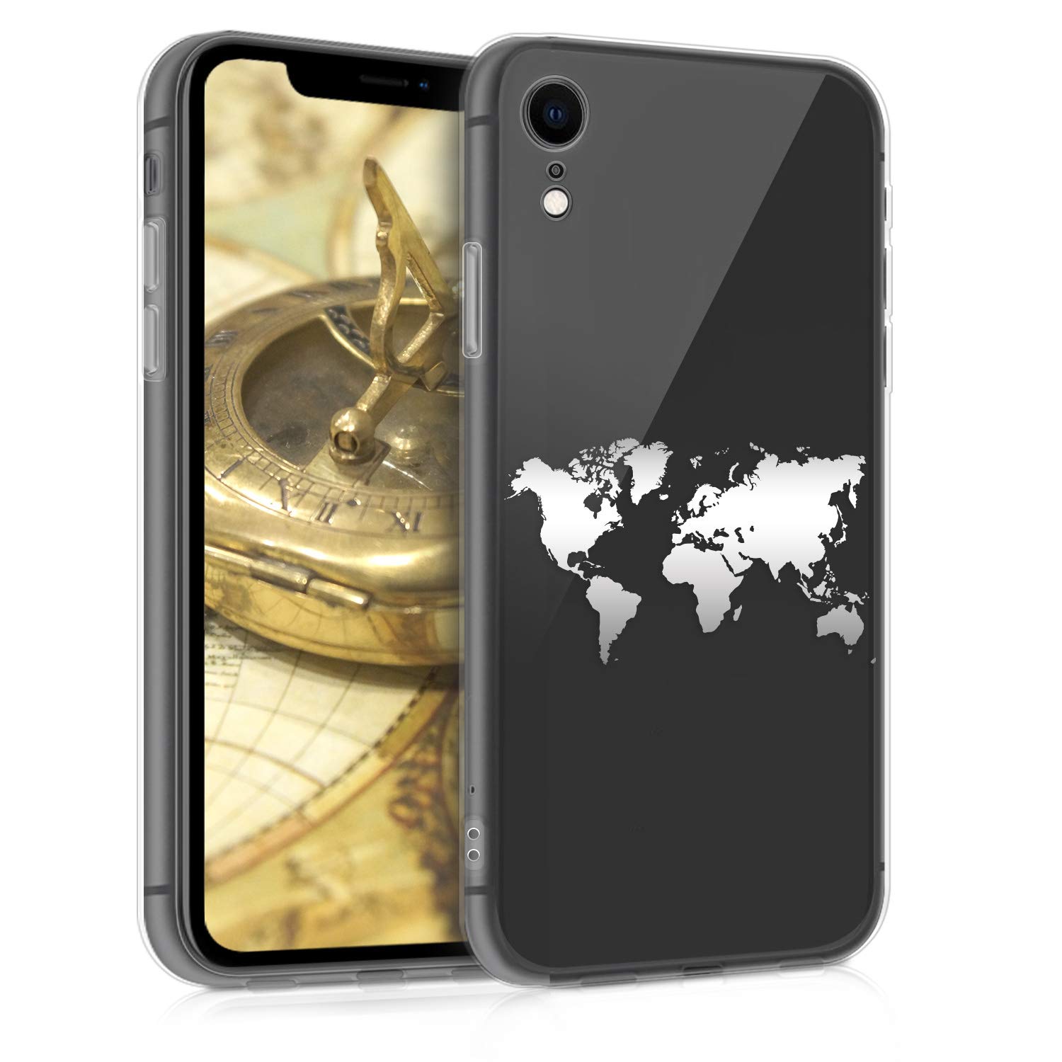 kwmobile Flexible TPU Case for Apple iPhone XR - Shockproof Slim Protective Phone Cover in Travel Outline Silver/Transparent - Perfect for Everyday Use, Travel & Outdoor Activities